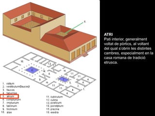 ATRI
Pati interior, generalment
voltat de pòrtics, al voltant
del qual s’obrin les distintes
cambres, especialment en la
c...