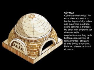 CÚPULA
         CÚPULA
         Coberta semiesfèrica. Pot
         estar aixecada sobre un
         tambor i quan s’alça s...