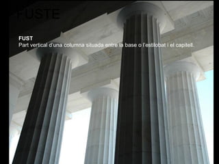 FUSTE
FUST
Part vertical d’una columna situada entre la base o l’estilobat i el capitell.
 