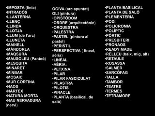 •IMPOSTA (línia)     OGIVA (arc apuntat)      •PLANTA BASILICAL
•INTRADÓS            OLI (pintura)            •PLANTA DE S...