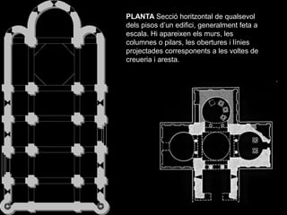 PLANTA Secció horitzontal de qualsevol
dels pisos d’un edifici, generalment feta a
escala. Hi apareixen els murs, les
colu...