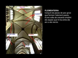 PLEMENTERIA
Conjunt de peces de poc gruix
que formen l’element passiu
d’una volta de creueria omplint
els espais que hi ha...
