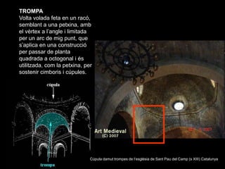 TROMPA
Volta volada feta en un racó,
semblant a una petxina, amb
el vèrtex a l’angle i limitada
per un arc de mig punt, qu...