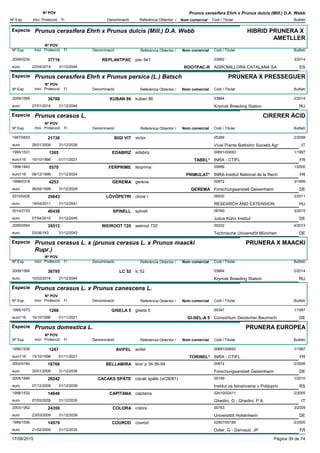DenominacióNº Exp. Nom comercial Codi / Titular Butlletí
Nº POV
Inici Protecció Fi Referència Obtentor /
Prunus cerasifera Ehrh x Prunus dulcis (Mill.) D.A. Webb
Especie Prunus cerasifera Ehrh x Prunus dulcis (Mill.) D.A. Webb
DenominacióNº Exp. Nom comercial Codi / Titular Butlletí
Nº POV
Inici Protecció Fi Referència Obtentor /
HIBRID PRUNERA X
AMETLLER
REPLANTPAC2009/0230 pac 941 03862
AGROMILLORA CATALANA SAeuro
3/201437716
22/04/2014 ROOTPAC-R ES31/12/2044
Especie Prunus cerasifera Ehrh x Prunus persica (L.) Batsch
DenominacióNº Exp. Nom comercial Codi / Titular Butlletí
Nº POV
Inici Protecció Fi Referència Obtentor /
PRUNERA X PRESSEGUER
KUBAN 862009/1565 kuban 86 03864
Krymsk Breeding Stationeuro
2/201436708
27/01/2014 RU31/12/2044
Especie Prunus cerasus L.
DenominacióNº Exp. Nom comercial Codi / Titular Butlletí
Nº POV
Inici Protecció Fi Referència Obtentor /
CIRERER ÀCID
BIGI VIT1997/0653 victor 05289
Vivai Piante Battistini Società Agreuro
2/200821730
28/01/2008 IT31/12/2038
EDABRIZ1995/1531 edabriz 00691/00693
INRA - CTIFLeuro116
1/19971265
15/10/1996 TABEL* FR01/11/2021
FERPRIME1998/1843 ferprime 00689
INRA-Institut National de la Recheuro116
1/20005570
06/12/1999 PRIMULAT* FR31/12/2024
GEREMA1998/0318 gerena 00672
Forschungsanstalt Geisenheimeuro
3/19994253
06/04/1999 GEREMA DE31/12/2029
LÖVÖPETRI2010/0426 clone r 06930
RESEARCH AND EXTENSIONeuro
3/201129643
18/04/2011 HU31/12/2041
SPINELL2014/2153 spinell 06760
Julius Kühn Instituteuro
3/201540438
07/04/2015 DE31/12/2045
WEIROOT 7202009/0554 weiroot 720 00222
Technische Universitõt Müncheneuro
4/201335512
03/06/143 DE31/12/2043
Especie Prunus cerasus L. x (prunus cerasus L. x Prunus maacki
Rupr.)
DenominacióNº Exp. Nom comercial Codi / Titular Butlletí
Nº POV
Inici Protecció Fi Referència Obtentor /
PRUNERA X MAACKI
LC 522009/1566 lc 52 03864
Krymsk Breeding Stationeuro
2/201436795
10/02/2014 RU31/12/2044
Especie Prunus cerasus L. x Prunus canescens L.
DenominacióNº Exp. Nom comercial Codi / Titular Butlletí
Nº POV
Inici Protecció Fi Referència Obtentor /
GISELA 51995/1073 gisela 5 00347
Consortium Deutscher Baumscheuro116
1/19971268
15/10/1996 GI-SEL-A 5 DE01/11/2021
Especie Prunus domestica L.
DenominacióNº Exp. Nom comercial Codi / Titular Butlletí
Nº POV
Inici Protecció Fi Referència Obtentor /
PRUNERA EUROPEA
AVIFEL1995/1530 avifel 00691/00693
INRA - CTIFLeuro116
1/19971267
15/10/1996 TORINEL* FR01/11/2021
BELLAMIRA2002/0184 klon p 34-56-94 00672
Forschungsanstalt Geisenheimeuro
2/200616766
30/01/2006 DE31/12/2036
CACAKS SPÄTE2005/1680 cacak späte (vi/28/81) 05199
Institut za Istrazivania u Polijopriveuro
1/201026242
07/12/2009 RS31/12/2039
CAPITANA1998/1532 capitana 02410/02411
Ghedini, G - Ghedini, P.A.euro
2/200514646
07/02/2005 IT31/12/2035
COLORA2003/1062 colora 00783
Universitõt Hohenheimeuro
3/200924350
23/03/2009 DE31/12/2039
COUROD1999/1556 courod 02807/00189
Odier, G - Darnaud, JPeuro
2/200514579
21/02/2005 FR31/12/2035
17/08/2015 Pàgina 39 de 74
 