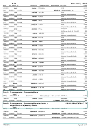 DenominacióNº Exp. Nom comercial Codi / Titular Butlletí
Nº POV
Inici Protecció Fi Referència Obtentor /
Prunus persica (L.) Batsch
ZINCAL 92010/2296 97.15.024 n 00132
Plantas de Navarra SAeuro
2/201539645
23/02/2015 ZINCAL 9 ES31/12/2045
ZINEARM1996/0027 75EE189 00279
Selección Plantas Sevilla SLeuro
3/20017456
09/04/2001 ES31/12/2031
ZINEBEL1998/0073 n.92.26z 00279
Selección Plantas Sevilla SLeuro
4/200617620
22/05/2006 ES31/12/2036
ZINEBIG1998/0071 n89.18.z 00279
Selección Plantas Sevilla SLeuro
4/200617618
22/05/2006 ES31/12/2036
ZINEDIAM1998/0072 n.84.15z 00279
Selección Plantas Sevilla SLeuro
4/200617619
22/05/2006 ES31/12/2036
ZINEFIRE2006/2404 974na 00279/03299
Sel. Plantas Sevilla SL - S.N.C. Seuro
3/201129123
07/03/2011 ES31/12/2041
ZINEGE1996/0023 14GE100 00279
Selección Plantas Sevilla SLeuro
3/20017452
09/04/2001 ES31/12/2031
ZINEGLO1998/0075 n-91-19z 00279
Selección Plantas Sevilla SLeuro
4/200617622
22/05/2006 ES31/12/2036
ZINEPRE1996/0029 1ILA403 00279
Selección Plantas Sevilla SLeuro
3/20017457
09/04/2001 ES31/12/2026
ZINESUB1998/0074 n.92.30z 00279
Selección Plantas Sevilla SLeuro
4/200617621
22/05/2006 ES31/12/2036
ZINETOP1996/0026 69EE423 00279
Selección Plantas Sevilla SLeuro
3/20017455
09/04/2001 ES31/12/2031
ZIPEJOR1996/0024 60EE419 00279
Selección Plantas Sevilla SLeuro
3/20017453
09/04/2001 ES31/12/2031
ZISEARL1996/0025 62RA286 00279
Selección Plantas Sevilla SLeuro
3/20017454
09/04/2001 ES31/12/2031
ZISECAN1995/0724 37 EB 416 00279
Selección Plantas Sevilla SLeuro
4/19994560
03/05/1999 ES31/12/2029
ZISEMAY1998/0076 p.07.13z 00279
Selección Plantas Sevilla SLeuro
4/19994567
03/05/1999 ES31/12/2029
ZISEPRIL1996/0028 39GA188 00279
Selección Plantas Sevilla SLeuro
1/20005709
05/07/1999 ES31/12/2029
ZISESIL1995/0723 7 GE 30 00279
Selección Plantas Sevilla SLeuro
4/19994559
03/05/1999 ES31/12/2029
ZISILNE1998/0070 n.92.29z 00279
Selección Plantas Sevilla SLeuro
1/200717617
04/12/2006 ES31/12/2036
ZISUNCUA20024477 S4A 1547 00279
Selección Plantas Sevilla SLesp
5-2009002460
22/07/2009 ES31/12/2039
ZISUNTRE20024471 S 3B 1534 00279
Selección Plantas Sevilla SLesp
4-2012002561
28/06/2012 ES31/12/2042
Especie Prunus persica x Prunus davidiana
DenominacióNº Exp. Nom comercial Codi / Titular Butlletí
Nº POV
Inici Protecció Fi Referència Obtentor /
AVIMAG1995/1535 avimag 00691/00695
INRA - G.Y.D.K.F.V.euro116
1/19971270
15/10/1996 CADAMAN FR01/11/2021
Especie Prunus persica x Prunus davidiana) x Prunus x
amygdalopersica (weston) Rehder
DenominacióNº Exp. Nom comercial Codi / Titular Butlletí
Nº POV
Inici Protecció Fi Referència Obtentor /
PRUNUS PORTAEMPELTS
GREENPAC2006/2252 pac9904-01 03862
AGROMILLORA CATALANA SAeuro
4/201232795
21/05/2012 ROOTPAC-90 ES31/12/2042
PURPLEPAC2006/2253 pac9904-03 03862
AGROMILLORA CATALANA SAeuro
4/201232796
21/05/2012 ROOTPAC-70 ES31/12/2042
17/04/2016 Pàgina 60 de 74
 