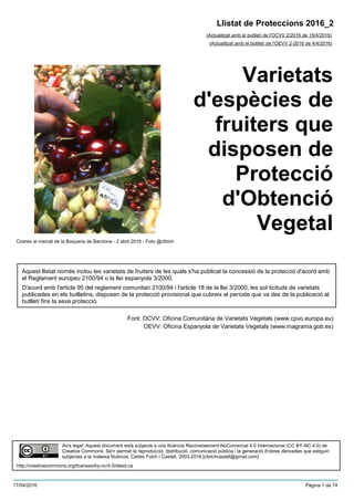 Varietats
d'espècies de
fruiters que
disposen de
Protecció
d'Obtenció
Vegetal
(Actualitzat amb el butlletí de l'OCVV 2/2016 de 15/4/2016)
Aquest llistat només inclou les varietats de fruiters de les quals s'ha publicat la concessió de la protecció d'acord amb
el Reglament europeu 2100/94 o la llei espanyola 3/2000.
D'acord amb l'article 95 del reglament comunitari 2100/94 i l'article 18 de la llei 3/2000, les sol·licituds de varietats
publicades en els butlletins, disposen de la protecció provisional que cubreix el període que va des de la publicació al
butlletí fins la seva protecció.
Font: OCVV: Oficina Comunitària de Varietats Vegetals (www.cpvo.europa.eu)
OEVV: Oficina Espanyola de Varietats Vegetals (www.magrama.gob.es)
Llistat de Proteccions 2016_2
(Actualitzat amb el butlletí de l'OEVV 2-2016 de 4/4/2016)
Avís legal: Aquest document està subjecte a una llicència Reconeixement-NoComercial 4.0 Internacional (CC BY-NC 4.0) de
Creative Commons. Se'n permet la reproducció, distribució, comunicació pública i la generació d'obres derivades que estiguin
subjectes a la mateixa llicència. Carles Folch i Castell, 2003-2016 [cfolchcastell@gmail.com]
http://creativecommons.org/licenses/by-nc/4.0/deed.ca
Cireres al mercat de la Boqueria de Barclona - 2 abril 2016 - Foto @cfolch
17/04/2016 Pàgina 1 de 74
 