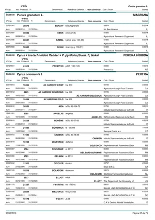 DenominacióNº Exp. Nom comercial Codi / Titular Butlletí
Nº POV
Inici Protecció Fi Referència Obtentor /
Punica granatum L.
Especie Punica granatum L.
DenominacióNº Exp. Nom comercial Codi / Titular Butlletí
Nº POV
Inici Protecció Fi Referència Obtentor /
MAGRANA
BEAUTY2010/0341 beautygranate 06914
Nir Ben Aharoneuro
6/201438876
08/09/2014 IL31/12/2044
EMEK2007/2597 emek (1/4) 01306
Agricultural Research Organisatieuro
6/201438842
08/09/2014 IL31/12/2044
KAMEL2007/2596 kamel (p.g. 134-35) 01306
Agricultural Research Organisatieuro
6/201438841
08/09/2014 IL31/12/2044
SHANI2007/2598 shani (p.g. 130-31) 01306
Agricultural Research Organisatieuro
6/201438843
08/09/2014 IL31/12/2044
Especie Pyrus × bretschneideri Rehder × P. pyrifolia (Burm. f.) Nakai
DenominacióNº Exp. Nom comercial Codi / Titular Butlletí
Nº POV
Inici Protecció Fi Referència Obtentor /
PERERA HÍBRIDA
PREMP1092012/0841 p205 r130 t109 05582
Prevar Ltdeuro
4/201643519
10/05/2016 NZ31/12/2046
Especie Pyrus communis L.
DenominacióNº Exp. Nom comercial Codi / Titular Butlletí
Nº POV
Inici Protecció Fi Referència Obtentor /
PERERA
AC HARROW CRISP2001/0043 hw 610 00159
Agriculture & Agri-Food Canadaeuro
2/200310434
20/01/2003 CA31/12/2033
AC HARROW DELICIOUS2001/0042 hw 608 00159
Agriculture & Agri-Food Canadaeuro
2/20028925
18/02/2002 AC HARROW DELICIOUS CA31/12/2032
AC HARROW GOLD2001/0044 hw 616 00159
Agriculture & Agri-Food Canadaeuro
2/200310434
20/01/2003 CA31/12/2033
AIDA2005/0816 isf.fo 80-104-72 01758
Istituto Sperimentale per la Fruttieuro
5/201130553
25/07/2011 IT31/12/2041
ANGELYS1999/1081 angelys 00689
INRA-Institut National de la Recheuro
6/20006785
16/10/2000 ANGELYS FR31/12/2025
BOHÉME2005/0815 isf.fo 80-57-83 01758
Istituto Sperimentale per la Fruttieuro
4/201335229
21/05/2013 IT31/12/2043
BOHEMICA2003/1140 te - 05316 01544
Sempra Praha a.s.euro
3/200821920
10/03/2008 CZ31/12/2038
CARMEN2000/0472 isf-fo 80-18-69 01758
Istituto Sperimentale per la Fruttieuro
4/200617843
06/06/2006 CARMEN IT31/12/2036
DELFERCO2003/0618 delferco 00368
Pepinieristes et Roseraires Georeuro
5/200516108
17/08/2005 DELFERCO FR31/12/2035
DELSANNE2000/0357 rx 2313 00368
Pepinieristes et Roseraires Georeuro
6/20006784
16/10/2000 DELBARD AUTOMNE FR31/12/2030
DELWINI2000/0356 rx 2313 00368
Pepinieristes et Roseraires Georeuro
6/20006783
16/10/2000 FR31/12/2030
DICOLOR2002/0242 dicolor 03757
SAD S.R.O.euro
2/200617002
27/02/2006 CZ31/12/2036
DOLACOMI1995/2120 dolacomi 03073
Stichting Vermeerderingstuineneuro
6/200210210
21/10/2002 DOLACOMI NL31/12/2032
ELLIOT1999/0576 elliot 00345
The Regents of the University ofeuro
1/20005573
06/12/1999 ELLIOT US31/12/2029
FM1717402005/1175 fm 171740 09031
BAUM- UND ROSENSCHULE Weuro
3/201027237
19/04/2010 DE31/12/2040
FM324A1352005/0760 fm324a135 09031
BAUM- UND ROSENSCHULE Weuro
4/201130084
23/05/2011 DE31/12/2041
FOX 111997/1470 A 28 01946
C A V Centro Attività Vivaisticheeuro
6/200210178
21/10/2002 IT31/12/2032
30/08/2016 Pàgina 67 de 79
 