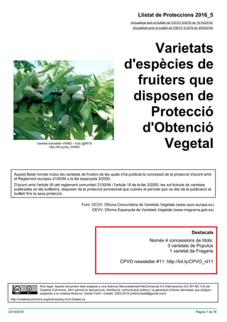 Varietats
d'espècies de
fruiters que
disposen de
Protecció
d'Obtenció
Vegetal
(Actualitzat amb el butlletí de l'OCVV 5/2016 de 15/10/2016)
Aquest llistat només inclou les varietats de fruiters de les quals s'ha publicat la concessió de la protecció d'acord amb
el Reglament europeu 2100/94 o la llei espanyola 3/2000.
D'acord amb l'article 95 del reglament comunitari 2100/94 i l'article 18 de la llei 3/2000, les sol·licituds de varietats
publicades en els butlletins, disposen de la protecció provisional que cubreix el període que va des de la publicació al
butlletí fins la seva protecció.
Font: OCVV: Oficina Comunitària de Varietats Vegetals (www.cpvo.europa.eu)
OEVV: Oficina Espanyola de Varietats Vegetals (www.magrama.gob.es)
Llistat de Proteccions 2016_5
(Actualitzat amb el butlletí de l'OEVV 5-2016 de 30/9/2016)
Avís legal: Aquest document està subjecte a una llicència Reconeixement-NoComercial 4.0 Internacional (CC BY-NC 4.0) de
Creative Commons. Se'n permet la reproducció, distribució, comunicació pública i la generació d'obres derivades que estiguin
subjectes a la mateixa llicència. Carles Folch i Castell, 2003-2016 [cfolchcastell@gmail.com]
http://creativecommons.org/licenses/by-nc/4.0/deed.ca
Només 4 concessions de títols:
3 varietats de Populus
1 varietat de Fragaria
CPVO newsletter #11: http://bit.ly/CPVO_nl11
Varietat d'ametller VAIRO - Foto @IRTA
http://bit.ly/irta_VAIRO
Destacats
23/10/2016 Pàgina 1 de 78
 