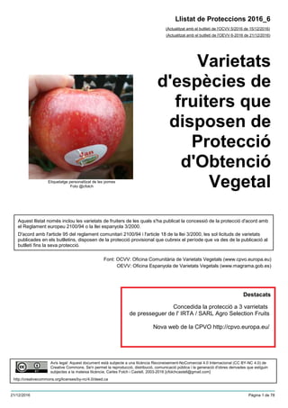 Varietats
d'espècies de
fruiters que
disposen de
Protecció
d'Obtenció
Vegetal
(Actualitzat amb el butlletí de l'OCVV 5/2016 de 15/12/2016)
Aquest llistat només inclou les varietats de fruiters de les quals s'ha publicat la concessió de la protecció d'acord amb
el Reglament europeu 2100/94 o la llei espanyola 3/2000.
D'acord amb l'article 95 del reglament comunitari 2100/94 i l'article 18 de la llei 3/2000, les sol·licituds de varietats
publicades en els butlletins, disposen de la protecció provisional que cubreix el període que va des de la publicació al
butlletí fins la seva protecció.
Font: OCVV: Oficina Comunitària de Varietats Vegetals (www.cpvo.europa.eu)
OEVV: Oficina Espanyola de Varietats Vegetals (www.magrama.gob.es)
Llistat de Proteccions 2016_6
(Actualitzat amb el butlletí de l'OEVV 6-2016 de 21/12/2016)
Avís legal: Aquest document està subjecte a una llicència Reconeixement-NoComercial 4.0 Internacional (CC BY-NC 4.0) de
Creative Commons. Se'n permet la reproducció, distribució, comunicació pública i la generació d'obres derivades que estiguin
subjectes a la mateixa llicència. Carles Folch i Castell, 2003-2016 [cfolchcastell@gmail.com]
http://creativecommons.org/licenses/by-nc/4.0/deed.ca
Concedida la protecció a 3 varrietats
de presseguer de l' IRTA / SARL Agro Selection Fruits
Nova web de la CPVO http://cpvo.europa.eu/
Etiquetatge personalitzat de les pomes
Foto @cfolch
Destacats
21/12/2016 Pàgina 1 de 78
 