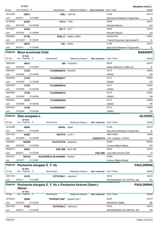 DenominacióNº Exp. Nom comercial Codi / Titular Butlletí
Nº POV
Inici Protecció Fi Referència Obtentor /
Mangifera indica L.
ORLI2012/1890 105/142 01306
Agricultural Research Organisatioeuro
6/201438874
8/9/2014 IL31/12/2044
R10 82015/0348 r10/8 08706
Kenneth Raynereuro
2/201642353
25/1/2016 AU31/12/2046
RA 172015/0347 ra/17 08706
Kenneth Raynereuro
2/201642352
25/1/2016 AU31/12/2046
SHELLY2006/0660 shelly (14/63) 04679/01306
Plants Production/ Agricultural Reuro
6/200721160
22/10/2007 IL31/12/2037
TALI2012/1891 40/45 01306
Agricultural Research Organisatioeuro
6/201438875
8/9/2014 IL31/12/2044
Especie Musa acuminata Colla
DenominacióNº Exp. Nom comercial Codi / Titular Butlletí
Nº POV
Inici Protecció Fi Referència Obtentor /
BANANER
ADI2009/0344 rm22/44-1 06578
Rahan Meristem (1998) Ltd.euro
6/201438913
22/9/2014 IL31/12/2044
FLHORBAN9162002/0537 flhor916 03112
CIRADeuro
5/200413753
19/7/2004 FR31/12/2034
FLHORBAN9172002/0538 03112
CIRADeuro
5/200413754
19/7/2004 FR31/12/2034
FLHORBAN9182002/0539 03112
CIRADeuro
5/200413755
19/7/2004 FR31/12/2034
FLHORBAN9192002/0540 03112
CIRADeuro
5/200413756
19/7/2004 FR31/12/2034
FLHORBAN9202002/0541 03112
CIRADeuro
5/200413757
19/7/2004 FR31/12/2034
FLHORBAN9212002/0542 03112
CIRADeuro
5/200413758
19/7/2004 FR31/12/2034
Especie Olea europaea L.
DenominacióNº Exp. Nom comercial Codi / Titular Butlletí
Nº POV
Inici Protecció Fi Referència Obtentor /
OLIVERA
ASKAL2010/0360 askal 01306
Agricultural Research Organisatioeuro
3/201642690
7/3/2016 IL31/12/2046
SIKITITA2007/1040 uc-8-7 05851/05854
Univ. Córdoba - IFAPAeuro
3/200924380
23/3/2009 CHIQUITITA ES31/12/2039
TALAYOTICA20084839 talayotica ES940
Lorenzo Mestre Mayolesp
BOE98002685
25/4/2015 ES31/12/2044
VAS ONE2008/0715 ita-01-08 06230
Vivai Attilo Sonnoli SASeuro
2/201539504
9/2/2015 VAS ONE IT31/12/2045
VILAFRANCA DE BONANY20074739 bonany ES940
Lorenzo Mestre Mayolesp
1-2017002762
16/1/2017 ES31/12/2047
Especie Paulownia elongata S. Y. Hu
DenominacióNº Exp. Nom comercial Codi / Titular Butlletí
Nº POV
Inici Protecció Fi Referència Obtentor /
PAULOWNIA
COTEVISA 12007/1678 cotevisa 1 09134
INVERSIONES DE CAPITAL 200euro
3/201231619
5/3/2012 ES31/12/2042
Especie Paulownia elongata S. Y. Hu x Paulownia fortunei (Seem.)
Hemsl.
DenominacióNº Exp. Nom comercial Codi / Titular Butlletí
Nº POV
Inici Protecció Fi Referència Obtentor /
PAULOWNIA
"PHOENIX ONE"2012/2516 phoenix ntp-1 08783
WEGROW GMBHeuro
3/201539980
23/3/2015 DE31/12/2045
COTEVISA 22007/1679 cotevisa 2 09134
INVERSIONES DE CAPITAL 200euro
3/201231620
5/3/2012 ES31/12/2042
9/3/2019 Pàgina 34 de 93
 