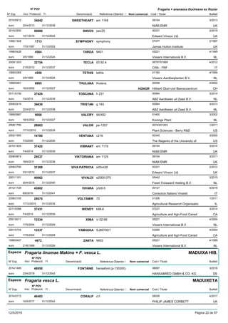 DenominacióNº Exp. Nom comercial Codi / Titular Butlletí
Nº POV
Inici Protecció Fi Referència Obtentor /
Fragaria × ananassa Duchesne ex Rozier
SWEETHEART2010/0912 em 1148 09154
NIAB EMReuro
3/201334842
22/4/2013 UK31/12/2038
SWV252015/2550 swv25 00331
Edward Vinson Ltd.euro
2/201950880
14/1/2019 UK31/12/2044
SYMPHONY1995/1348 symphony 07377
James Hutton Instituteeuro
2/19971713
17/2/1997 UK31/12/2022
TARDA1996/0428 9401 05221
Vissers International B.V.euro
4/19994564
3/5/1999 NL31/12/2024
TECLA2009/1203 00.92.4 06797/01869
CRA - FRFeuro
4/201232754
21/5/2012 IT31/12/2037
TETHIS1995/0365 tethis 01160
Vissers Aardbeiplanten B.V.euro
4/19994558
3/5/1999 NL31/12/2024
THULANA1999/0461 thulana 00258
Hõberli Obst-und Beerenzentrumeuro
2/20028895
18/2/2002 HONOR CH31/12/2027
TOSCANA2011/0156 h 231 00984
ABZ Aardbeien uit Zaad B.V.euro
3/201437424
7/4/2014 NL31/12/2039
TRISTAN2009/2419 g 193 00984
ABZ Aardbeien uit Zaad B.V.euro
3/201334839
22/4/2013 NL31/12/2038
VALERY1999/0987 94/492 01400
Konings Planteuro
3/20029008
18/3/2002 NL31/12/2027
VALOR2008/1795 pe-1207 00743/01203
Plant Sciences - Berry R&Deuro
1/201128663
17/12/2010 US31/12/2035
VENTANA2002/1565 c216 00345
The Regents of the University ofeuro
3/200514780
7/3/2005 US31/12/2030
VIBRANT2010/1429 em 1119 09154
NIAB EMReuro
3/201437422
7/4/2014 UK31/12/2039
VIKTORIANA2008/0874 em 1125 09154
NIAB EMReuro
3/201129537
18/4/2011 UK31/12/2036
VIVA PATRICIA2008/2790 s05vs38 00331
Edward Vinson Ltd.euro
2/201231368
23/1/2012 UK31/12/2037
VIVALDI2001/1161 e2005-075 05442
Fresh Foreward Holding B.V.euro
3/201540662
20/4/2015 NL31/12/2040
VIVARA2012/1729 y3z6-5 00127
Consorzio Italiano Vivaistieuro
4/201643802
6/6/2016 IT31/12/2041
VOLTAMIR2008/2105 73 01306
Agricultural Research Organisatioeuro
1/201128670
17/12/2010 IL31/12/2035
WENDY2011/0398 k98-6 07237
Agriculture and Agri-Food Canadeuro
3/201437431
7/4/2014 CA31/12/2039
XIMA2001/0011 vi 02-99 05221
Vissers International B.V.euro
4/200413334
17/5/2004 NL31/12/2029
YAMASKA2001/0154 SJ89700/1 03295
Agriculture and Agri-Food Canadeuro
4/200413337
17/5/2004 CA31/12/2029
ZANTA1996/0427 9402 05221
Vissers International B.V.euro
4/19994672
21/6/1999 NL31/12/2024
Especie Fragaria iinumae Makino × F. vesca L.
DenominacióNº Exp. Nom comercial Codi / Titular Butlletí
Nº POV
Inici Protecció Fi Referència Obtentor /
MADUIXA HIB.
FONTAINE2014/1495 hansafont (p-130300) 08087
HANSABRED GMBH & CO. KGeuro
3/201848950
23/4/2018 DE31/12/2043
Especie Fragaria vesca L.
DenominacióNº Exp. Nom comercial Codi / Titular Butlletí
Nº POV
Inici Protecció Fi Referència Obtentor /
MADUIXETA
CORALP2014/0172 ct1 08326
PHILIP JAMES CORBETTeuro
4/201746483
10/5/2017 UK31/12/2042
12/5/2019 Pàgina 22 de 97
 