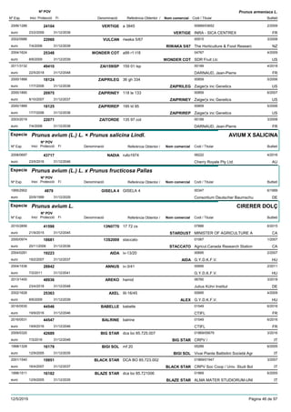 DenominacióNº Exp. Nom comercial Codi / Titular Butlletí
Nº POV
Inici Protecció Fi Referència Obtentor /
Prunus armeniaca L.
VERTIGE2006/1286 a 3845 00689/03652
INRA - SICA CENTREXeuro
2/200924104
23/2/2009 VERTIGE FR31/12/2039
VULCAN2002/0986 riwaka 5/67 00915
The Horticulture & Food Researceuro
3/200822060
7/4/2008 RIWAKA 5/67 NZ31/12/2039
WONDER COT2004/1624 a99 r1 t18 04767
SDR Fruit Llceuro
4/200925348
8/6/2009 WONDER COT US31/12/2039
ZAI159ISP2011/3132 159 01 isp 00189
DARNAUD, Jean-Pierreeuro
4/201849410
22/5/2018 FR31/12/2048
ZAIPRILEG2000/1888 36 gh 334 00859
Zaiger¦s inc Geneticseuro
5/200618124
17/7/2006 ZAIPRILEG US31/12/2036
ZAIPRINEY2000/1890 118 le 133 00859
Zaiger¦s inc Geneticseuro
6/200720975
8/10/2007 ZAIPRINEY US31/12/2037
ZAIPRIREP2000/1889 195 ld 95 00859
Zaiger¦s inc Geneticseuro
5/200618125
17/7/2006 ZAIPRIREP US31/12/2036
ZAITORDE2003/2019 135 97 cot 00189
DARNAUD, Jean-Pierreeuro
3/200822071
7/4/2008 FR31/12/2038
Especie Prunus avium (L.) L. × Prunus salicina Lindl.
DenominacióNº Exp. Nom comercial Codi / Titular Butlletí
Nº POV
Inici Protecció Fi Referència Obtentor /
AVIUM X SALICINA
NADIA2008/0697 rullo1974 06222
Cherry Royale Pty Ltd.euro
4/201643717
23/5/2016 AU31/12/2046
Especie Prunus avium (L.) L. x Prunus fructicosa Pallas
DenominacióNº Exp. Nom comercial Codi / Titular Butlletí
Nº POV
Inici Protecció Fi Referència Obtentor /
GISELA 41995/2902 GISELA 4 00347
Consortium Deutscher Baumschueuro
6/19994879
20/9/1999 DE31/12/2029
Especie Prunus avium L.
DenominacióNº Exp. Nom comercial Codi / Titular Butlletí
Nº POV
Inici Protecció Fi Referència Obtentor /
CIRERER DOLÇ
13N07702010/2856 17 72 cs 07886
MINISTER OF AGRICULTURE Aeuro
6/201541598
21/9/2015 STARDUST CA31/12/2045
13S20092000/0974 staccato 01067
Agricul.Canada Research Stationeuro
1/200718681
20/11/2006 STACCATO CA31/12/2036
AIDA2004/0281 iv-13/20 00695
G.Y.D.K.F.V.euro
2/200719223
19/2/2007 AIDA HU31/12/2037
ANNUS2004/1536 iv-3/41 00695
G.Y.D.K.F.V.euro
2/201128842
7/2/2011 HU31/12/2041
AREKO2013/1400 hamid 06760
Julius Kühn Instituteuro
3/201848936
23/4/2018 DE31/12/2048
AXEL2002/1628 III-16/45 00695
G.Y.D.K.F.V.euro
4/200925363
8/6/2009 ALEX HU31/12/2039
BABELLE2016/0530 babelle 01549
CTIFLeuro
6/201644546
19/9/2016 FR31/12/2046
BALRINE2016/0531 balrine 01549
CTIFLeuro
6/201644547
19/9/2016 FR31/12/2046
BIG STAR2009/0320 dca bo 85.725.007 01869/05679
CRPV /euro
3/201642689
7/3/2016 BIG STAR IT31/12/2046
BIGI SOL1998/1328 mf 20 05289
Vivai Piante Battistini Società Agreuro
6/200516179
12/9/2005 BIGI SOL IT31/12/2035
BLACK STAR2001/1540 DCA BO 85.723.002 01869/01947
CRPV Soc Coop / Univ. Studi Boleuro
3/200719951
16/4/2007 BLACK STAR IT31/12/2037
BLAZE STAR1998/1511 dca bo 85.721006 01869
ALMA MATER STUDIORUM-UNIeuro
6/200516182
12/9/2005 BLAZE STAR IT31/12/2035
12/5/2019 Pàgina 46 de 97
 