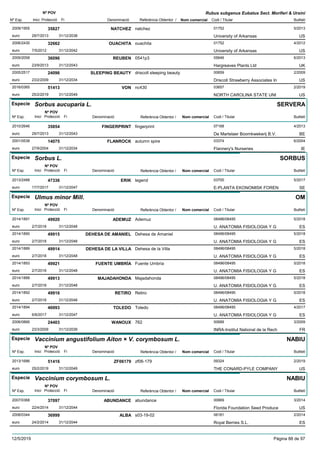 DenominacióNº Exp. Nom comercial Codi / Titular Butlletí
Nº POV
Inici Protecció Fi Referència Obtentor /
Rubus subgenus Eubatus Sect. Moriferi & Ursini
NATCHEZ2009/1955 natchez 01752
University of Arkansaseuro
5/201335827
29/7/2013 US31/12/2038
OUACHITA2006/2430 ouachita 01752
University of Arkansaseuro
4/201232662
7/5/2012 US31/12/2042
REUBEN2009/2058 0541p3 05646
Hargreaves Plants Ltdeuro
6/201336096
23/9/2013 UK31/12/2043
SLEEPING BEAUTY2005/2517 driscoll sleeping beauty 00659
Driscoll Strawberry Associates Ineuro
2/200924096
23/2/2009 US31/12/2034
VON2016/0365 nc430 03657
NORTH CAROLINA STATE UNIeuro
2/201951413
25/2/2019 US31/12/2049
Especie Sorbus aucuparia L.
DenominacióNº Exp. Nom comercial Codi / Titular Butlletí
Nº POV
Inici Protecció Fi Referència Obtentor /
SERVERA
FINGERPRINT2010/2646 fingerprint 07168
De Martelaer Boomkwekerij B.V.euro
4/201335854
29/7/2013 BE31/12/2043
FLANROCK2001/0538 autumn spire 03374
Flannery's Nurserieseuro
6/200414075
27/9/2004 IE31/12/2034
Especie Sorbus L.
DenominacióNº Exp. Nom comercial Codi / Titular Butlletí
Nº POV
Inici Protecció Fi Referència Obtentor /
SORBUS
ERIK2013/2488 legend 03700
E-PLANTA EKONOMISK FORENeuro
5/201747336
17/7/2017 SE31/12/2047
Especie Ulmus minor Mill.
DenominacióNº Exp. Nom comercial Codi / Titular Butlletí
Nº POV
Inici Protecció Fi Referència Obtentor /
OM
ADEMUZ2014/1891 Ademuz 08496/08495
U. ANATOMIA FISIOLOGIA Y Geuro
5/201849920
2/7/2018 ES31/12/2048
DEHESA DE AMANIEL2014/1890 Dehesa de Amaniel 08496/08495
U. ANATOMIA FISIOLOGIA Y Geuro
5/201849915
2/7/2018 ES31/12/2048
DEHESA DE LA VILLA2014/1889 Dehesa de la Villa 08496/08495
U. ANATOMIA FISIOLOGIA Y Geuro
5/201849914
2/7/2018 ES31/12/2048
FUENTE UMBRÍA2014/1893 Fuente Umbría 08496/08495
U. ANATOMIA FISIOLOGIA Y Geuro
5/201849921
2/7/2018 ES31/12/2048
MAJADAHONDA2014/1888 Majadahonda 08496/08495
U. ANATOMIA FISIOLOGIA Y Geuro
5/201849913
2/7/2018 ES31/12/2048
RETIRO2014/1892 Retiro 08496/08495
U. ANATOMIA FISIOLOGIA Y Geuro
5/201849916
2/7/2018 ES31/12/2048
TOLEDO2014/1894 Toledo 08496/08495
U. ANATOMIA FISIOLOGIA Y Geuro
4/201746993
6/6/2017 ES31/12/2047
WANOUX2006/0866 762 00689
INRA-Institut National de la Recheuro
3/200924403
23/3/2009 FR31/12/2039
Especie Vaccinium angustifolium Aiton × V. corymbosum L.
DenominacióNº Exp. Nom comercial Codi / Titular Butlletí
Nº POV
Inici Protecció Fi Referència Obtentor /
NABIU
ZF061792013/1686 zf06-179 09324
THE CONARD-PYLE COMPANYeuro
2/201951416
25/2/2019 US31/12/2049
Especie Vaccinium corymbosum L.
DenominacióNº Exp. Nom comercial Codi / Titular Butlletí
Nº POV
Inici Protecció Fi Referència Obtentor /
NABIU
ABUNDANCE2007/0368 abundance 00669
Florida Foundation Seed Produceeuro
3/201437097
22/4/2014 US31/12/2044
ALBA2008/0344 s03-19-02 06181
Royal Berries S.L.euro
2/201436999
24/2/2014 ES31/12/2044
12/5/2019 Pàgina 88 de 97
 