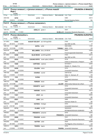 DenominacióNº Exp. Nom comercial Codi / Titular Butlletí
Nº POV
Inici Protecció Fi Referència Obtentor /
Prunus cerasus L. x (prunus cerasus L. x Prunus maacki Rupr.)
Especie Prunus cerasus L. x (prunus cerasus L. x Prunus maacki
Rupr.)
DenominacióNº Exp. Nom comercial Codi / Titular Butlletí
Nº POV
Inici Protecció Fi Referència Obtentor /
PRUNERA X MAACKI
LC 522009/1566 lc 52 03864
Krymsk Breeding Stationeuro
2/201436795
10/2/2014 RU31/12/2044
Especie Prunus cerasus L. x Prunus canescens L.
DenominacióNº Exp. Nom comercial Codi / Titular Butlletí
Nº POV
Inici Protecció Fi Referència Obtentor /
GISELA 51995/1073 gisela 5 00347
Consortium Deutscher Baumschueuro116
1/19971268
15/10/1996 GI-SEL-A 5 DE1/11/2021
Especie Prunus domestica L.
DenominacióNº Exp. Nom comercial Codi / Titular Butlletí
Nº POV
Inici Protecció Fi Referència Obtentor /
PRUNERA EUROPEA
AUGUST DELIGHT2011/0853 sel.10/91agri2000 07284
Agri 2000 net SRLeuro
2/201951043
28/1/2019 IT31/12/2049
AVIFEL1995/1530 avifel 00691/00693
INRA - CTIFLeuro116
1/19971267
15/10/1996 TORINEL* FR1/11/2021
BELLAMIRA2002/0184 klon p 34-56-94 00672
Forschungsanstalt Geisenheimeuro
2/200616766
30/1/2006 DE31/12/2036
BLUE MOON2011/0854 sel.8/91agri2000 07284
Agri 2000 net SRLeuro
2/201642548
22/2/2016 IT31/12/2046
CACAKS SPÄTE2005/1680 cacak späte (vi/28/81) 05199
Institut za Istrazivania u Polijopriveuro
1/201026242
7/12/2009 RS31/12/2039
CAPITANA1998/1532 capitana 02410/02411
Ghedini, G - Ghedini, P.A.euro
2/200514646
7/2/2005 IT31/12/2035
COLORA2003/1062 colora 00783
Universitõt Hohenheimeuro
3/200924350
23/3/2009 DE31/12/2039
COUROD1999/1556 courod 02807/00189
Odier, G - Darnaud, JPeuro
2/200514579
21/2/2005 FR31/12/2035
ELENA1995/2736 00783
Universitõt Hohenheimeuro
5/19983126
2/6/1998 DE31/12/2028
FERDOR1995/1410 ferdor 00691
INRA-Institut National de la Recheuro116
1/19971266
15/10/1996 JULIOR* FR1/11/2021
HAGANTA2003/1063 gigant 00783
Universitõt Hohenheimeuro
3/200821933
10/3/2008 DE31/12/2028
HAROMA2005/1330 haroma 00783
Universitõt Hohenheimeuro
2/201026421
25/1/2010 DE31/12/2040
JOJO1999/1807 jojo 00783
Universitõt Hohenheimeuro
4/200413321
17/5/2004 DE31/12/2034
JUNA2012/2340 juna 00680
Hartmann Walter Dr.euro
2/201745541
20/2/2017 DE31/12/2047
KATINKA1995/2729 Horteger 00783
Universitõt Hohenheimeuro116
4/19972210
27/6/1997 DE1/1/2024
PLUMIS2008/2079 hvl 357 06085/06391
BOOMKWEKERIJEN GEBROEDeuro
3/201437715
22/4/2014 NL31/12/2044
PRESENTA1999/0061 presenta 00783
Universitõt Hohenheimeuro
3/200310941
10/4/2003 PRESENTA DE10/4/2033
PRUDOM2002/2098 prudom 00347
Consortium Deutscher Baumschueuro
4/200720098
21/5/2007 DE31/12/2037
SUTTER2000/2082 sutter 00345
The Regents of the University ofeuro
2/200821731
28/1/2008 US31/12/2038
TEGERA1999/0181 tegera 00783
Universitõt Hohenheimeuro
3/200514913
21/3/2005 TEGERA DE31/12/2035
4/7/2019 Pàgina 51 de 98
 