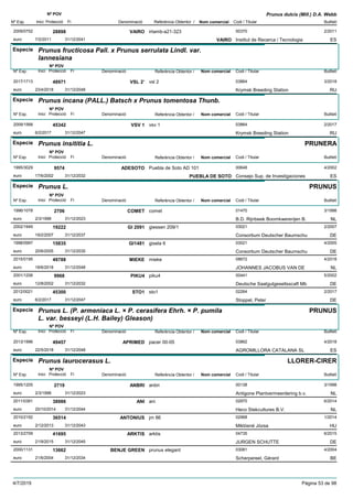 DenominacióNº Exp. Nom comercial Codi / Titular Butlletí
Nº POV
Inici Protecció Fi Referència Obtentor /
Prunus dulcis (Mill.) D.A. Webb
VAIRO2009/0752 irtamb-a21-323 00370
Institut de Recerca i Tecnologiaeuro
2/201128898
7/2/2011 VAIRO ES31/12/2041
Especie Prunus fructicosa Pall. x Prunus serrulata Lindl. var.
lannesiana
DenominacióNº Exp. Nom comercial Codi / Titular Butlletí
Nº POV
Inici Protecció Fi Referència Obtentor /
VSL 2’2017/1713 vsl 2 03864
Krymsk Breeding Stationeuro
3/201848971
23/4/2018 RU31/12/2048
Especie Prunus incana (PALL.) Batsch x Prunus tomentosa Thunb.
DenominacióNº Exp. Nom comercial Codi / Titular Butlletí
Nº POV
Inici Protecció Fi Referència Obtentor /
VSV 12009/1568 vsv 1 03864
Krymsk Breeding Stationeuro
2/201745342
6/2/2017 RU31/12/2047
Especie Prunus insititia L.
DenominacióNº Exp. Nom comercial Codi / Titular Butlletí
Nº POV
Inici Protecció Fi Referència Obtentor /
PRUNERA
ADESOTO1995/3029 Puebla de Soto AD 101 00648
Consejo Sup. de Investigacioneseuro
4/20029574
17/6/2002 PUEBLA DE SOTO ES31/12/2032
Especie Prunus L.
DenominacióNº Exp. Nom comercial Codi / Titular Butlletí
Nº POV
Inici Protecció Fi Referència Obtentor /
PRUNUS
COMET1996/1078 comet 01470
B.D. Rijnbeek Boomkwererijen B.euro
3/19982706
2/3/1998 NL31/12/2023
GI 20912002/1949 giessen 209/1 03021
Consortium Deutscher Baumschueuro
2/200719222
19/2/2007 DE31/12/2037
GI14811998/0997 gisela 6 03021
Consortium Deutscher Baumschueuro
4/200515835
20/6/2005 DE31/12/2035
MIEKE2015/0195 mieke 08672
JOHANNES JACOBUS VAN DEeuro
4/201849788
18/6/2018 NL31/12/2048
PIKU42001/1206 piku4 00441
Deutsche Saatgutgesellsscaft Mbeuro
5/20029968
12/8/2002 DE31/12/2032
STO12012/0021 sto1 02264
Stoppel, Petereuro
2/201745300
6/2/2017 DE31/12/2047
Especie Prunus L. (P. armeniaca L. × P. cerasifera Ehrh. × P. pumila
L. var. besseyi (L.H. Bailey) Gleason)
DenominacióNº Exp. Nom comercial Codi / Titular Butlletí
Nº POV
Inici Protecció Fi Referència Obtentor /
PRUNUS
APRIMED2013/1996 pacer 00-05 03862
AGROMILLORA CATALANA SLeuro
4/201849457
22/5/2018 ES31/12/2048
Especie Prunus laurocerasus L.
DenominacióNº Exp. Nom comercial Codi / Titular Butlletí
Nº POV
Inici Protecció Fi Referència Obtentor /
LLORER-CIRER
ANBRI1995/1205 anbri 00138
Antigone Plantvermeerdering b.v.euro
3/19982719
2/3/1998 NL31/12/2023
ANI2011/0381 ani 02970
Heco Stekcultures B.V.euro
6/201438986
20/10/2014 NL31/12/2044
ANTONIUS2010/2192 jm 86 02968
Miklósné Józsaeuro
1/201436514
2/12/2013 HU31/12/2043
ARKTIS2013/2709 arktis 04735
JURGEN SCHUTTEeuro
6/201541695
21/9/2015 DE31/12/2045
BENJE GREEN2000/1131 prunus elegant 03081
Scherpereel, Gérardeuro
4/200413662
21/6/2004 BE31/12/2034
4/7/2019 Pàgina 53 de 98
 