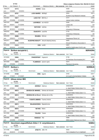 DenominacióNº Exp. Nom comercial Codi / Titular Butlletí
Nº POV
Inici Protecció Fi Referència Obtentor /
Rubus subgenus Eubatus Sect. Moriferi & Ursini
KIOWA1999/0278 kiowa 05369
Lubera AGeuro
3/200310715
10/3/2003 CH10/3/2033
LOCH MAREE2006/0313 86506g7 00054
Scottish Crop Research Instituteeuro
3/201334751
8/4/2013 UK31/12/2043
LOCH TAY2002/0844 86510L-2 07377
James Hutton Instituteeuro
2/200616917
27/2/2006 UK31/12/2036
LUB MB2232009/1403 lub mb2/23 05369
Lubera AGeuro
4/201437943
5/5/2014 CH31/12/2044
NATCHEZ2009/1955 natchez 01752
University of Arkansaseuro
5/201335827
29/7/2013 US31/12/2038
OUACHITA2006/2430 ouachita 01752
University of Arkansaseuro
4/201232662
7/5/2012 US31/12/2042
REUBEN2009/2058 0541p3 05646
Hargreaves Plants Ltdeuro
6/201336096
23/9/2013 UK31/12/2043
SLEEPING BEAUTY2005/2517 driscoll sleeping beauty 00659
Driscoll Strawberry Associates Ineuro
2/200924096
23/2/2009 US31/12/2034
VON2016/0365 nc430 03657
NORTH CAROLINA STATE UNIeuro
2/201951413
25/2/2019 US31/12/2049
Especie Sorbus aucuparia L.
DenominacióNº Exp. Nom comercial Codi / Titular Butlletí
Nº POV
Inici Protecció Fi Referència Obtentor /
SERVERA
FINGERPRINT2010/2646 fingerprint 07168
De Martelaer Boomkwekerij B.V.euro
4/201335854
29/7/2013 BE31/12/2043
FLANROCK2001/0538 autumn spire 03374
Flannery's Nurserieseuro
6/200414075
27/9/2004 IE31/12/2034
Especie Sorbus L.
DenominacióNº Exp. Nom comercial Codi / Titular Butlletí
Nº POV
Inici Protecció Fi Referència Obtentor /
SORBUS
ERIK2013/2488 legend 03700
E-PLANTA EKONOMISK FORENeuro
5/201747336
17/7/2017 SE31/12/2047
Especie Ulmus minor Mill.
DenominacióNº Exp. Nom comercial Codi / Titular Butlletí
Nº POV
Inici Protecció Fi Referència Obtentor /
OM
ADEMUZ2014/1891 Ademuz 08496/08495
U. ANATOMIA FISIOLOGIA Y Geuro
5/201849920
2/7/2018 ES31/12/2048
DEHESA DE AMANIEL2014/1890 Dehesa de Amaniel 08496/08495
U. ANATOMIA FISIOLOGIA Y Geuro
5/201849915
2/7/2018 ES31/12/2048
DEHESA DE LA VILLA2014/1889 Dehesa de la Villa 08496/08495
U. ANATOMIA FISIOLOGIA Y Geuro
5/201849914
2/7/2018 ES31/12/2048
FUENTE UMBRÍA2014/1893 Fuente Umbría 08496/08495
U. ANATOMIA FISIOLOGIA Y Geuro
5/201849921
2/7/2018 ES31/12/2048
MAJADAHONDA2014/1888 Majadahonda 08496/08495
U. ANATOMIA FISIOLOGIA Y Geuro
5/201849913
2/7/2018 ES31/12/2048
RETIRO2014/1892 Retiro 08496/08495
U. ANATOMIA FISIOLOGIA Y Geuro
5/201849916
2/7/2018 ES31/12/2048
TOLEDO2014/1894 Toledo 08496/08495
U. ANATOMIA FISIOLOGIA Y Geuro
4/201746993
6/6/2017 ES31/12/2047
WANOUX2006/0866 762 00689
INRA-Institut National de la Recheuro
3/200924403
23/3/2009 FR31/12/2039
Especie Vaccinium angustifolium Aiton × V. corymbosum L.
DenominacióNº Exp. Nom comercial Codi / Titular Butlletí
Nº POV
Inici Protecció Fi Referència Obtentor /
NABIU
ZF061792013/1686 zf06-179 09324
THE CONARD-PYLE COMPANYeuro
2/201951416
25/2/2019 US31/12/2049
4/7/2019 Pàgina 89 de 98
 