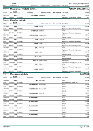 DenominacióNº Exp. Nom comercial Codi / Titular Butlletí
Nº POV
Inici Protecció Fi Referència Obtentor /
Malus toringo (Siebold) de Vriese
Especie Malus toringo (Siebold) de Vriese
DenominacióNº Exp. Nom comercial Codi / Titular Butlletí
Nº POV
Inici Protecció Fi Referència Obtentor /
POMERA ORNAMENTAL
EP MALMA2015/1938 maskerad 03700
E-PLANTA EKONOMISK FORENeuro
3/201848578
19/3/2018 SE31/12/2048
Especie Mangifera indica L.
DenominacióNº Exp. Nom comercial Codi / Titular Butlletí
Nº POV
Inici Protecció Fi Referència Obtentor /
AGAM2011/0665 110/49 01306
Agricultural Research Organisatioeuro
6/201438871
8/9/2014 IL31/12/2044
KING DAVID2017/1513 bd-88/31 01306
Agricultural Research Organisatioeuro
2/201951048
28/1/2019 IL31/12/2049
MIRYAM HAIM2009/1525 miryam haim 06729
Samuel Vashdieuro
6/201438870
8/9/2014 IL31/12/2044
NOA2011/0666 109/136 01306
Agricultural Research Organisatioeuro
6/201438872
8/9/2014 IL31/12/2044
OMER2011/0667 34/83 01306
Agricultural Research Organisatioeuro
6/201438873
8/9/2014 IL31/12/2044
ORLI2012/1890 105/142 01306
Agricultural Research Organisatioeuro
6/201438874
8/9/2014 IL31/12/2044
R10 82015/0348 r10/8 08706
Kenneth Raynereuro
2/201642353
25/1/2016 AU31/12/2046
RA 172015/0347 ra/17 08706
Kenneth Raynereuro
2/201642352
25/1/2016 AU31/12/2046
SHELLY2006/0660 shelly (14/63) 04679/01306
Plants Production/ Agricultural Reuro
6/200721160
22/10/2007 IL31/12/2037
TALI2012/1891 40/45 01306
Agricultural Research Organisatioeuro
6/201438875
8/9/2014 IL31/12/2044
TANGO2017/1512 bd-3/79 01306
Agricultural Research Organisatioeuro
2/201951047
28/1/2019 IL31/12/2049
Especie Musa acuminata Colla
DenominacióNº Exp. Nom comercial Codi / Titular Butlletí
Nº POV
Inici Protecció Fi Referència Obtentor /
BANANER
ADI2009/0344 rm22/44-1 06578
Rahan Meristem (1998) Ltd.euro
6/201438913
22/9/2014 IL31/12/2044
FLHORBAN 9242011/1787 flhorban 924 03112
CIRADeuro
4/201952565
6/5/2019 FR31/12/2049
FLHORBAN 9252011/1788 flhorban 925 03112
CIRADeuro
4/201952566
6/5/2019 FR31/12/2049
FLHORBAN9162002/0537 flhor916 03112
CIRADeuro
5/200413753
19/7/2004 FR31/12/2034
FLHORBAN9172002/0538 03112
CIRADeuro
5/200413754
19/7/2004 FR31/12/2034
FLHORBAN9182002/0539 03112
CIRADeuro
5/200413755
19/7/2004 FR31/12/2034
FLHORBAN9192002/0540 03112
CIRADeuro
5/200413756
19/7/2004 FR31/12/2034
FLHORBAN9202002/0541 03112
CIRADeuro
5/200413757
19/7/2004 FR31/12/2034
FLHORBAN9212002/0542 03112
CIRADeuro
5/200413758
19/7/2004 FR31/12/2034
23/12/2019 Pàgina 35 de 97
 