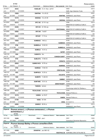 DenominacióNº Exp. Nom comercial Codi / Titular Butlletí
Nº POV
Inici Protecció Fi Referència Obtentor /
Prunus avium L.
RUBILAM2010/0511 01.31.15ce - asf101 04628
SARL Agro Selection Fruitseuro
2/201539353
26/1/2015 FR31/12/2045
SANTINA1999/0193 13 s 25 22 00189
DARNAUD, Jean-Pierreeuro
2/200719028
22/1/2007 SANTINA FR31/12/2037
SKEENA1998/0068 13 s 43 48 00189
DARNAUD, Jean-Pierreeuro
6/200516176
12/9/2005 SKEENA FR31/12/2035
SPC 3422012/2593 23 151 csp 07886
MINISTER OF AGRICULTURE Aeuro
3/201952312
15/4/2019 CA31/12/2049
SPC1032010/2859 23 166 csp 07886
MINISTER OF AGRICULTURE Aeuro
2/201745296
6/2/2017 SENTENNIAL CA31/12/2047
SPC1062010/2858 11w357 07886
MINISTER OF AGRICULTURE Aeuro
3/201642692
7/3/2016 CA31/12/2046
SPC2072010/2857 17 73 cs 07886
MINISTER OF AGRICULTURE Aeuro
3/201642691
7/3/2016 CA31/12/2046
SUMBIGO2001/1907 1440 cs 00189
DARNAUD, Jean-Pierreeuro
3/200719926
16/4/2007 SUMBIGO FR31/12/2037
SUMBOLA1995/1340 15 62 CS 00189
DARNAUD, Jean-Pierreeuro
1/20005708
21/12/1999 SUMBOLA FR31/12/2029
SUMELE1995/1250 14 37 cs 00189
DARNAUD, Jean-Pierreeuro
1/200412025
10/11/2003 SATIN* FR1/1/2034
SUMGITA1995/1339 9cs 00189
DARNAUD, Jean-Pierreeuro116
2/19971654
15/1/1997 CANADA GIANT* FR1/12/2022
SUMLETA1995/1252 17 69 CS 00189
DARNAUD, Jean-Pierreeuro
1/20005705
20/12/1999 SONATA FR31/12/2029
SUMN314CH2005/2691 18 78 csi 00189
DARNAUD, Jean-Pierreeuro
3/201129630
18/4/2011 SABRINA FR31/12/2041
SUMNUE1995/1251 17-65 CS 00189
DARNAUD, Jean-Pierreeuro
1/20005704
20/12/1999 CRISTALINA FR31/12/2029
SUMPACA1995/1337 10 25 cs 00189
DARNAUD, Jean-Pierreeuro116
2/19971653
15/1/1997 CELESTE FR1/12/2022
SUMSTE1995/1334 11-28-CS 00189
DARNAUD, Jean-Pierreeuro
2/19971650
15/1/1997 SAMBA* FR31/12/2027
SUMTARE1995/1336 15 51 cs 00189
DARNAUD, Jean-Pierreeuro116
2/19971652
15/1/1997 SWEETHEART* FR1/12/2022
TAMARA2007/1544 tamara 04564
Forschungs institut fur Obstbau ueuro
3/201334703
8/4/2013 CZ31/12/2043
TECHLOVAN1998/1309 techlovan 01544
Sempra Praha a.s.euro
6/200516177
12/9/2005 TECHLOVAN CZ31/12/2035
VANDA1998/1327 na 18-27 01544
Sempra Praha a.s.euro
6/200516178
12/9/2005 VANDA CZ31/12/2035
VERA2002/1629 III-15/6 00695
G.Y.D.K.F.V.euro
2/200821769
28/1/2008 VERA HU31/12/2038
ZAI89CZ2010/2862 89 05 cz 00189
DARNAUD, Jean-Pierreeuro
3/201642692
7/3/2016 FR31/12/2046
Especie Prunus avium L. x (Prunus canescens L. x Prunus
tormentosa L.)
DenominacióNº Exp. Nom comercial Codi / Titular Butlletí
Nº POV
Inici Protecció Fi Referència Obtentor /
PIKU12001/1462 piku1 03021
Consortium Deutscher Baumschueuro
1/200310246
18/11/2002 DE31/12/2032
Especie Prunus besseyi Bailey x Prunus cerasifera Ehrh.
DenominacióNº Exp. Nom comercial Codi / Titular Butlletí
Nº POV
Inici Protecció Fi Referència Obtentor /
DENSIPAC2011/1062 pac 9801-02 03862
AGROMILLORA CATALANA SLeuro
3/201642959
11/4/2016 ROOTPAC-20 ES31/12/2046
23/12/2019 Pàgina 48 de 97
 