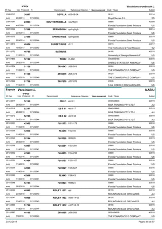DenominacióNº Exp. Nom comercial Codi / Titular Butlletí
Nº POV
Inici Protecció Fi Referència Obtentor /
Vaccinium corymbosum L.
SEVILLA2008/0337 s03-08-04 06181
Royal Berries S.L.euro
2/201436997
24/2/2014 ES31/12/2044
SOUTHERN BELLE2004/1341 sourthern 00669
Florida Foundation Seed Produceeuro
4/200923933
4/5/2009 US31/12/2034
SPRINGHIGH2007/0369 springhigh 00669
Florida Foundation Seed Produceeuro
3/201437098
22/4/2014 US31/12/2044
SPRINGWIDE2007/0370 springwide 00669
Florida Foundation Seed Produceeuro
3/201437099
22/4/2014 US31/12/2044
SUNSET BLUE2011/2816 rh11 00915
The Horticulture & Food Researceuro
4/201746454
10/5/2017 NZ31/12/2042
SUZIBLUE2011/0173 04180
University of Georgia Research Feuro
4/201540785
11/5/2015 US31/12/2045
TH6822014/1855 th-682 04539/04180
UNITED STATES OF AMERICA/euro
3/201952192
28/3/2019 US31/12/2044
ZF060432014/1574 zf06-043 09324
THE CONARD-PYLE COMPANYeuro
2/201951129
11/2/2019 US31/12/2049
ZF060792014/1575 zf06-079 09324
THE CONARD-PYLE COMPANYeuro
2/201951130
11/2/2019 US31/12/2049
ZF070702013/1322 zf07-070 07635
FALL CREEK FARM AND NURSeuro
3/201951758
11/3/2019 US31/12/2044
Especie Vaccinium L.
DenominacióNº Exp. Nom comercial Codi / Titular Butlletí
Nº POV
Inici Protecció Fi Referència Obtentor /
NABIU
EB 8 12014/3317 eb 8-1 09465/08845
BISA TRADING PTY LTD./euro
3/201952196
28/3/2019 AU31/12/2044
EB 8 172014/3318 eb 8-17 09465/08845
BISA TRADING PTY LTD./euro
3/201952197
28/3/2019 AU31/12/2044
EB 8 422014/3312 eb 8-42 09465/08845
BISA TRADING PTY LTD./euro
3/201952195
28/3/2019 AU31/12/2044
FL011732012/0351 fl 01-173 00669
Florida Foundation Seed Produceeuro
3/201642962
11/4/2016 US31/12/2041
FL02402012/0355 fl 02-40 00669
Florida Foundation Seed Produceeuro
3/201642966
11/4/2016 US31/12/2041
FL032282014/0349 fl03228 00669
Florida Foundation Seed Produceeuro
3/201952194
28/3/2019 US31/12/2044
FL032912012/0356 fl 03-291 00669
Florida Foundation Seed Produceeuro
3/201642967
11/4/2016 US31/12/2041
FL042352012/0352 fl 04-235 00669
Florida Foundation Seed Produceeuro
3/201642963
11/4/2016 US31/12/2041
FL051072012/0353 fl 05-107 00669
Florida Foundation Seed Produceeuro
3/201642964
11/4/2016 US31/12/2041
FL056272012/0354 fl 05-627 00669
Florida Foundation Seed Produceeuro
3/201642965
11/4/2016 US31/12/2041
FL96432012/0390 fl 96-43 00669
Florida Foundation Seed Produceeuro
3/201642968
11/4/2016 US31/12/2041
FL984232014/0348 fl98423 00669
Florida Foundation Seed Produceeuro
3/201952193
28/3/2019 US31/12/2044
RIDLEY 11112013/2049 opi 08155
MOUNTAIN BLUE ORCHARDSeuro
3/201848940
23/4/2018 AU31/12/2043
RIDLEY 14032013/2047 m08-14-03 08155
MOUNTAIN BLUE ORCHARDSeuro
3/201848939
23/4/2018 AU31/12/2043
RIDLEY 18122014/3595 m07-18-12 08155
MOUNTAIN BLUE ORCHARDSeuro
3/201951760
11/3/2019 AU31/12/2044
ZF080952013/1687 zf08-095 09324/04539
THE CONARD-PYLE COMPANYeuro
4/201849180
7/5/2018 US31/12/2043
23/12/2019 Pàgina 90 de 97
 