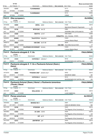 DenominacióNº Exp. Nom comercial Codi / Titular Butlletí
Nº POV
Inici Protecció Fi Referència Obtentor /
Musa acuminata Colla
FLHORBAN9202002/0541 03112
CIRADeuro
5/200413757
19/7/2004 FR31/12/2034
FLHORBAN9212002/0542 03112
CIRADeuro
5/200413758
19/7/2004 FR31/12/2034
Especie Olea europaea L.
DenominacióNº Exp. Nom comercial Codi / Titular Butlletí
Nº POV
Inici Protecció Fi Referència Obtentor /
OLIVERA
ASKAL2010/0360 askal 01306
Agricultural Research Organisatioeuro
3/201642690
7/3/2016 IL31/12/2046
BITSYOAC2012/1585 oac 22 03862
AGROMILLORA CATALANA SLeuro
3/201952158
28/3/2019 ES31/12/2049
SIKITITA2007/1040 uc-8-7 05851/05854
Univ. Córdoba - IFAPAeuro
3/200924380
23/3/2009 CHIQUITITA ES31/12/2039
TALAYOTICA20084839 talayotica ES940
Lorenzo Mestre Mayolesp
BOE98002685
25/4/2015 ES31/12/2044
VAS ONE2008/0715 ita-01-08 06230
Vivai Attilo Sonnoli SASeuro
2/201539504
9/2/2015 VAS ONE IT31/12/2045
VILAFRANCA DE BONANY20074739 bonany ES940
Lorenzo Mestre Mayolesp
1-2017002762
16/1/2017 ES31/12/2047
Especie Paulownia elongata S. Y. Hu
DenominacióNº Exp. Nom comercial Codi / Titular Butlletí
Nº POV
Inici Protecció Fi Referència Obtentor /
PAULOWNIA
COTEVISA 12007/1678 cotevisa 1 09134
INVERSIONES DE CAPITAL 200euro
3/201231619
5/3/2012 ES31/12/2042
Especie Paulownia elongata S. Y. Hu x Paulownia fortunei (Seem.)
Hemsl.
DenominacióNº Exp. Nom comercial Codi / Titular Butlletí
Nº POV
Inici Protecció Fi Referència Obtentor /
PAULOWNIA
"PHOENIX ONE"2012/2516 phoenix ntp-1 08783
WEGROW GMBHeuro
3/201539980
23/3/2015 DE31/12/2045
COTEVISA 22007/1679 cotevisa 2 09134
INVERSIONES DE CAPITAL 200euro
3/201231620
5/3/2012 ES31/12/2042
Especie Paulownia fortunei (Seem.) Hemsl. x Paulownia tomentosa
(Thunb.) Steud.
DenominacióNº Exp. Nom comercial Codi / Titular Butlletí
Nº POV
Inici Protecció Fi Referència Obtentor /
PAULOWNIA
WALLACHIA2013/1097 cfi 08172
LUCIE SMIDOVAeuro
3/201642852
21/3/2016 IE31/12/2046
Especie Persea americana
DenominacióNº Exp. Nom comercial Codi / Titular Butlletí
Nº POV
Inici Protecció Fi Referència Obtentor /
ALVOCAT
MENDEZ NO 12005/0925 05097
CARLOS MENDEZ VEGAeuro
1/201642015
23/11/2015 MX31/12/2045
STEDDOM2012/1978 pp24 00345
The Regents of the University ofeuro
3/201952160
28/3/2019 US31/12/2049
UC 32952003/0803 3-29-5 00345
The Regents of the University ofeuro
6/201953393
2/9/2019 US31/12/2049
UZI2012/1977 pp14 00345
The Regents of the University ofeuro
3/201952159
28/3/2019 US31/12/2049
ZENTMYER2012/1979 pp4 00345
The Regents of the University ofeuro
3/201952161
28/3/2019 US31/12/2049
7/3/2020 Pàgina 37 de 98
 
