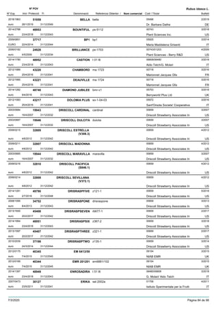 DenominacióNº Exp. Nom comercial Codi / Titular Butlletí
Nº POV
Inici Protecció Fi Referència Obtentor /
Rubus idaeus L.
BELLA2018/1963 bella 05496
Dr. Barbara Datheeuro
2/201951059
28/1/2019 DE31/12/2049
BOUNTIFUL2014/2788 ps-5112 00743
Plant Sciences Inc.euro
3/201848953
23/4/2018 US31/12/2043
BP12009/0851 bp1 05925
Maria Maddalena GrisentiEURO
3/201437717
22/4/2014 IT31/12/2044
BRILLIANCE2006/0182 ps-1703 00743/01203
Plant Sciences - Berry R&Deuro
4/200924928
4/5/2009 US31/12/2034
CASTION2014/1790 t 01 l6 06808/06480
Aldo Telch/G. Molarieuro
3/201848952
23/4/2018 IT31/12/2043
CHAMBORD2012/1989 ma 1723 00718
Marionnet Jacques Gfaeuro
3/201643220
25/4/2016 FR31/12/2041
DEAUVILLE2012/1990 ma 1724 00718
Marionnet Jacques Gfaeuro
3/201643221
25/4/2016 FR31/12/2041
DIAMOND JUBILEE2014/1282 bmr-v1 05753
Berryworld Plus Ltdeuro
3/201848740
9/4/2018 UK31/12/2043
DOLOMIA PLUS2012/1083 so-1-04-03 05972
Sant'Orsola Societa' Cooperativaeuro
3/201643217
25/4/2016 IT31/12/2041
DRISCOLL CARDINAL2003/0684 cardinal 00659
Driscoll Strawberry Associates Ineuro
3/200719943
16/4/2007 US31/12/2032
DRISCOLL DULCITA2003/0687 dulcita 00659
Driscoll Strawberry Associates Ineuro
3/200719946
16/4/2007 US31/12/2032
DRISCOLL ESTRELLA
(V308.3)
2008/0215 00659
Driscoll Strawberry Associates Ineuro
4/201232809
4/6/2012 US31/12/2042
DRISCOLL MADONNA2008/0211 00659
Driscoll Strawberry Associates Ineuro
4/201232807
4/6/2012 US31/12/2042
DRISCOLL MARAVILLA2003/0685 maravilla 00659
Driscoll Strawberry Associates Ineuro
3/200719944
16/4/2007 US31/12/2032
DRISCOLL PACIFICA
(S846.1)
2008/0216 00659
Driscoll Strawberry Associates Ineuro
4/201232810
4/6/2012 US31/12/2042
DRISCOLL SEVILLANA
(V372.1)
2008/0214 00659
Driscoll Strawberry Associates Ineuro
4/201232808
4/6/2012 US31/12/2042
DRISRASPFIVE2014/1281 z121-1 00659
Driscoll Strawberry Associates Ineuro
5/201849790
2/7/2018 US31/12/2048
DRISRASPONE2008/1095 drisraspone 00659
Driscoll Strawberry Associates Ineuro
3/201334752
8/4/2013 US31/12/2043
DRISRASPSEVEN2013/1600 rb677-1 00659
Driscoll Strawberry Associates Ineuro
2/201745408
20/2/2017 US31/12/2042
DRISRASPSIX2014/1664 z367-2 00659
Driscoll Strawberry Associates Ineuro
3/201848951
23/4/2018 US31/12/2043
DRISRASPTHREE2013/1597 z321-1 00659
Driscoll Strawberry Associates Ineuro
2/201745407
20/2/2017 US31/12/2042
DRISRASPTWO2010/2039 z135-1 00659
Driscoll Strawberry Associates Ineuro
3/201437198
24/3/2014 US31/12/2044
EM 6413/592012/0175 09154
NIAB EMReuro
3/201540345
7/4/2015 UK31/12/2045
EMR 2012012012/0169 em6881/102 09154
NIAB EMReuro
3/201540344
7/4/2015 UK31/12/2045
ENROSADIRA2014/1397 t 51 l6 06480/06808
G. Molari/ Aldo Telcheuro
3/201848949
23/4/2018 IT31/12/2043
ERIKA2007/0473 sel 2002a 01758
Istituto Sperimentale per la Fruttieuro
4/201130127
23/5/2011 IT31/12/2041
7/3/2020 Pàgina 84 de 98
 