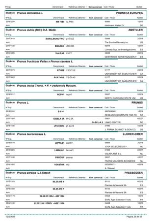 DenominacióNº Exp. Nom comercial Codi / Titular ButlletíReferència Obtentor /
Espècie Prunus domestica L.
DenominacióNº Exp. Nom comercial Codi / Titular ButlletíReferència Obtentor /
PRUNERA EUROPEA
NR 71842016/3204 nr.7184 00680
Hartmann Walter Dr.euro
1/2017
DE
Espècie Prunus dulcis (Mill.) D.A. Webb
DenominacióNº Exp. Nom comercial Codi / Titular ButlletíReferència Obtentor /
AMETLLER
BURALMONDTWO2017/3419 p10.022 03688
The Burchell Nursery inc.euro
2/2018
US
MAKAKO2017/1535 d98-693 00648
Consejo Sup. de Investigacioneseuro
4/2017
ES
VIALFAS2013/3209 i-3-27 08298
CENTRO DE INVESTIGACIÓN Yeuro
2/2014
ES
Espècie Prunus fructicosa Pallas x Prunus cerasus L.
DenominacióNº Exp. Nom comercial Codi / Titular ButlletíReferència Obtentor /
ATHOS2017/3079 7-23-13.2 01177
UNIVERSITY OF SASKATCHEWeuro
2/2018
CA
PORTHOS2017/3083 7-5-29.45 01177
UNIVERSITY OF SASKATCHEWeuro
2/2018
CA
Espècie Prunus incisa Thunb. × P. × yedoensis Matsum.
DenominacióNº Exp. Nom comercial Codi / Titular ButlletíReferència Obtentor /
NCPH12018/2017 ncph1 03657
NORTH CAROLINA STATE UNIeuro
5/2018
US
Espècie Prunus L.
DenominacióNº Exp. Nom comercial Codi / Titular ButlletíReferència Obtentor /
PRUNUS
B 83/12015/2555 08976/06085
RESEARCH INSTITUTE FOR FReuro
1/2016
RO
GISELA 5A2001/1554 H-G.5A 03601
LINKE GÜNTEReuro
6/2001
GI-SEL-A 5 DE
JFS KW142018/1435 jfs kw14 07480
J. FRANK SCHMIDT & SON CO.euro
4/2018
US
Espècie Prunus laurocerasus L.
DenominacióNº Exp. Nom comercial Codi / Titular ButlletíReferència Obtentor /
LLORER-CIRER
JOPRL012018/0519 joprl01 08906
JOSA SELECTIES B.V.euro
3/2018
NL
LAMVAL12016/3063 lamval1 01689
VALKPLANT B.V.euro
2/2017
NL
PROCUP2017/1638 procup 09557
FRANS MUIJSERS BOOMKWEeuro
4/2017
NL
VERSTRA2016/1065 elly 02025/09771
A. Straver/euro
4/2016
Espècie Prunus persica (L.) Batsch
DenominacióNº Exp. Nom comercial Codi / Titular ButlletíReferència Obtentor /
PRESSEGUER
00.21.019 N2015/2329 00132
Plantas de Navarra SAeuro
6/2015
ES
00.45.014 P2015/2328 00132
Plantas de Navarra SAeuro
6/2015
ES
02.05.81.13NJ - ASF13042014/3178 04628
SARL Agro Selection Fruitseuro
1/2015
FR
02.1E.106.11PBPL - ASF111002014/3160 04628
SARL Agro Selection Fruitseuro
1/2015
FR
12/5/2019 Pàgina 29 de 56
 