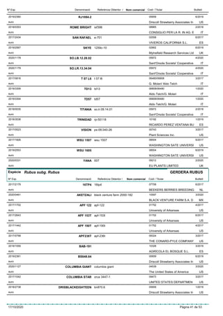 DenominacióNº Exp. Nom comercial Codi / Titular ButlletíReferència Obtentor /
RJ1094.22019/2360 00659
Driscoll Strawberry Associates Ineuro
6/2019
US
ROME BRIGHT2018/0353 isf398 08965
CONSIGLIO PER LA R. IN AG. Eeuro
2/2018
IT
SAN RAFAEL2017/2434 e-701 02558
VIVEROS CALIFORNIA S.L.euro
6/2017
ES
SKYE2019/2567 1259c-10 02902
Mylnefield Research Services Ltdeuro
6/2019
UK
SO.LB.12.28.022020/1178 05972
Sant'Orsola Societa' Cooperativaeuro
4/2020
IT
SO.LR.13.34.042020/1179 05972
Sant'Orsola Societa' Cooperativaeuro
4/2020
IT
T 07 L62017/0816 t 07 l6 06480/06808
G. Molari/ Aldo Telcheuro
3/2017
IT
TD132019/3309 td13 06808/06480
Aldo Telch/G. Molarieuro
1/2020
IT
TD572019/3304 td57 06808/06480
Aldo Telch/G. Molarieuro
1/2020
IT
TITANIA2018/0035 so.lr.09.14.01 05972
Sant'Orsola Societa' Cooperativaeuro
2/2018
IT
TRINIDAD2018/3536 rp-50118 10192
RICARDO PEREZ VENTANA BUeuro
1/2019
ES
VISION2017/0523 ps-09.040-26 00743
Plant Sciences Inc.euro
3/2017
US
WSU 15072017/1826 wsu 1507 08504
WASHINGTON SATE UNIVERSIeuro
5/2017
US
WSU 16052019/2553 08504
WASHINGTON SATE UNIVERSIeuro
6/2019
US
YANA2020/0331 007 09212
EU PLANTS LIMITEDeuro
2/2020
UK
Espècie Rubus subg. Rubus
DenominacióNº Exp. Nom comercial Codi / Titular ButlletíReferència Obtentor /
GERDERA RUBUS
16TP42017/2179 16tp4 07706
BEEKERS BERRIES BREEDINGeuro
6/2017
NL
AKETZALI2020/0461 black venture farm 2000-182 10597
BLACK VENTURE FARM S.A. Deuro
3/2020
MX
APF 1222017/1702 apf-122 01752
University of Arkansaseuro
4/2017
US
APF 153T2017/2643 apf-153t 01752
University of Arkansaseuro
6/2017
US
APF 190T2017/1442 apf-190t 01752
University of Arkansaseuro
4/2017
US
APF236T2017/0799 apf-236t 09324
THE CONARD-PYLE COMPANYeuro
3/2017
US
BAB-1912019/1059 10326
AGRÍCOLA EL BOSQUE S.L.euro
3/2019
ES
BS648.642019/2361 00659
Driscoll Strawberry Associates Ineuro
6/2019
US
COLUMBIA GIANT2020/1127 columbia giant 04539
The United States of Americaeuro
3/2020
US
COLUMBIA STAR2017/1042 orus 3447-1 09473
UNITED STATES DEPARTMENeuro
3/2017
US
DRISBLACKEIGHTEEN2018/2738 bn870.6 00659
Driscoll Strawberry Associates Ineuro
1/2019
US
17/10/2020 Pàgina 41 de 53
 