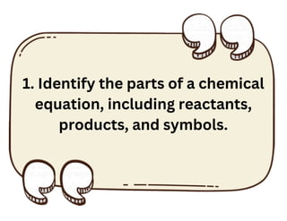 1. Identify the parts of a chemical
equation, including reactants,
products, and symbols.
 
