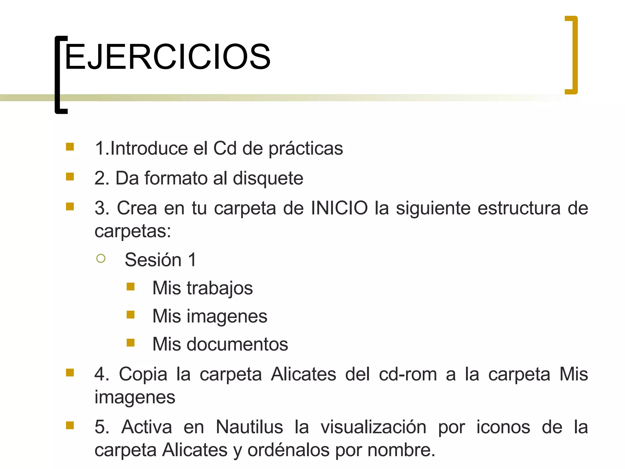 EJERCICIOS 1.Introduce el Cd de prácticas 2. Da formato al disquete 3. Crea en tu carpeta de INICIO la siguiente estructura de carpetas: Sesión 1 Mis trabajos Mis imagenes Mis documentos 4. Copia la carpeta Alicates del cd-rom a la carpeta Mis imagenes  5. Activa en Nautilus la visualización por iconos de la carpeta Alicates y ordénalos por nombre. 