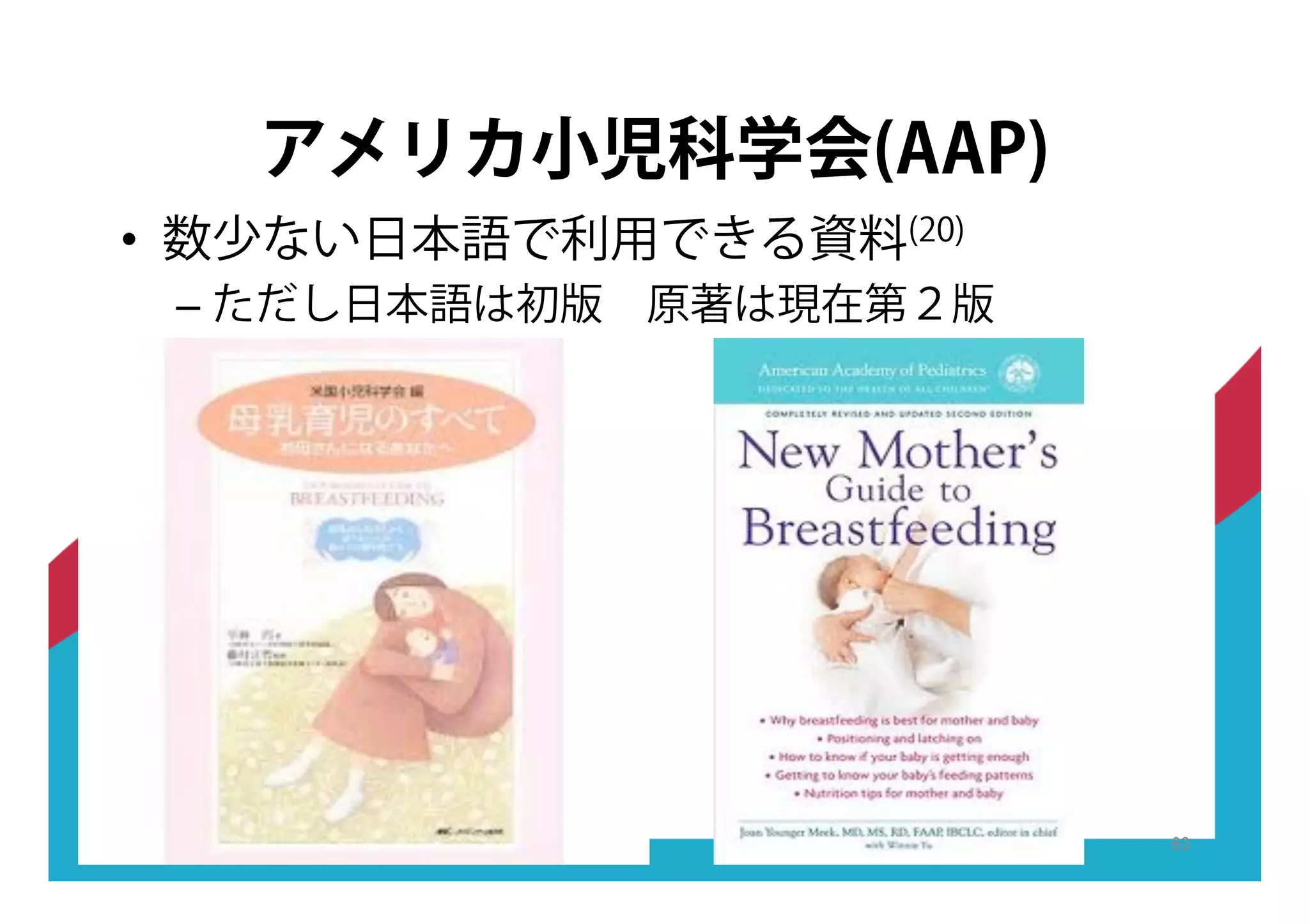 アメリカ小児科学会(AAP)
•! 数少ない日本語で利用できる資料(20)
–!ただし日本語は初版 原著は現在第２版
 