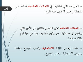 -
‫اخليارات‬
‫اليت‬
‫خنتارها‬
‫يف‬
‫اللحظات‬
‫احلامسة‬
‫تساعد‬
‫عل‬
‫ى‬
‫تشكيلنا‬
‫وإخبار‬
‫اآلخرين‬
‫ّن‬
‫م‬‫ع‬
‫نكون‬
.
-
‫اللحظات‬
‫الكاشفة‬
‫خترب‬
‫التابعني‬
‫بالكثري‬
‫من‬
‫ا‬
‫ألمور‬
‫اليت‬
‫يرغبون‬
‫يف‬
،‫معرفتها‬
‫من‬
‫يكون‬
،‫قادتهم‬
‫وما‬
‫هي‬
‫مبادئ‬
‫هم‬
‫وملاذا‬
‫هم‬
‫قادة‬
.
-
‫عندما‬
‫ُحسن‬
‫ي‬
‫القادة‬
‫االستجابة‬
‫يكسب‬
‫اجلميع‬
‫وعندما‬
‫يسيؤون‬
،‫االستجابة‬
‫خيسر‬
‫اجلميع‬
.
14
 