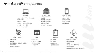 サービス内容（ソフトウェア開発）
・Webサービス / アプリケーション開発
・ECサイト開発
・Webメディア制作
・サービス / プロダクトサイト制作
・コーポレートサイト制作
・ランディングページ制作
・SNSアプリ開発
・業務⽤アプリ開発
・ゲームアプリ開発
・iOS / Android
・企画/リサーチ
・要件定義
・設計（画⾯設計、機能設計、DB設計）
・UI/UXデザイン
・グラフィックデザイン
・マークアップ
・フロントエンド開発
・バックエンド開発
・インフラ構築
・テスト設計
・テスト実⾏
・⾃動化テスト
・品質保証コンサル
・CMS開発
・業務管理システム開発
・顧客管理システム開発
・⾃動化ツール開発
・セキュリティツール開発
・サイトスピード改善
・SEOの内部対策
・UI改善
・コンバージョン導線の改善
・LPOの改善開発
・保守運⽤（サーバー管理、障害対応など）
Web開発 システム開発 モバイル開発
品質保証 運⽤ / 改善
開発
企画 / デザイン
Copyright ©2021 LLLAsia, Inc. All Rights Reserved. We make products to change the world 10
 