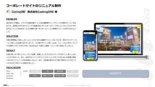 PROBLEM
SOLUTION
RESULT
代表の野澤様より新しいホームページの⼤まかな構成やイメージをいただき、弊社でワイヤーフレ
ームに落とし込み擦り合わせしました。その後デザインに落とし込み、ニュースなど⾮エンジニア
でも更新しやすいためにCMS（WordPress）を導⼊し開発・リリースまで担当いたしました。
代表の思いを丁寧にヒアリングした結果、納得していただけるワイヤーやデザインに落とし込む
ことができました。また、⾃社のエンジニアがメインテナンスしやすくするためにお客様の環境
に合わせてたリリース⽅法を検討しました。また、お客様の限られた予算で想定以上のクオリテ
ィのものができたことを喜ばれました。
TECH/SCOPE
TECH:
HTML, CSS,
JavaScript,
WordPress
PM 要件定義 設計
UI/UI 開発・テスト マーケティング
リサーチ/企画
DevOps・運⽤
SCOPE:
株式会社TTM様は、クラウド派遣⽀援サービスぼ企画開発やマーケティング⽀援を⾏っている会
社です。採⽤拡⼤をするタイミングで起業当初に作ったホームページをリニュアルしたのですが、
社内エンジニアは⾃社サービスの開発で精⼀杯でホームページの開発のリソースがありませんで
した。
WEBSITE
コーポレートサイトのリニュアル制作
株式会社CastingONE 様
Copyright ©2021 LLLAsia, Inc. All Rights Reserved. We make products to change the world 17
 