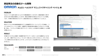 部品発注の⾃動化ツール開発
PROBLEM
SOLUTION
RESULT
オムロンベトナム様では様々なヘルスケアの製品製造を⾏っております。製造計画通りに実⾏す
るために⽇次で部品の調達をしていますが、部品の在庫数や注⽂数はエクセルファイルで管理し
ており、⼿作業で多数の各サプライヤーに部品を発注することに時間がかかっていました。
弊社のベトナム⼈PMが直接現場監督されている調達部⾨のマネージャへヒアリングの実施し、コ
ストに合わせソリューションを検討。企画部⾨から部品発注数を⾃動的にエクセルファイルを整
理・作成し、ワンクリックで簡単に各サプライヤーへ注⽂メールが送信される⾃動化ツールの開発
を実施しました。
⼿作業で⾏うエクセルの整理・作成業務や各サプライヤーへ注⽂メールをする業務がなくなりま
した。また、⾃動でやることでヒューマンエラーが起こることがなくなりました。スタッフはル
ーチン作業を5分の1まで減らすことができ、よりクリエティブな仕事をすることができるように
なりました。
TECH/SCOPE
TECH:
VBA, Excel
PM 要件定義 設計
UI/UI 開発・テスト マーケティング
リサーチ/企画
DevOps・運⽤
SCOPE:
CASE STUDY
オムロン ヘルスケア マニュファクチャリング ベトナム 様
Copyright ©2021 LLLAsia, Inc. All Rights Reserved. We make products to change the world 19
 