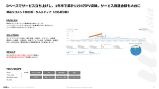 PROBLEM
SOLUTION
RESULT
サービスコンセプト設計、要件定義、DB設計、デザイン、実開発
運営チーム構築、⼈員採⽤、各種マニュアル作成、記事制作、実運⽤、
KGI・KPIの作成、運⽤改善まで事業運営の全てを実施しました。
⽴ち上げから1年半で累計1194万PV突破し、
単⽉流通⾦額も1000万円を突破しました。
TECH/SCOPE
TECH:
HTML, CSS,
WordPress, AWS,
GA, GSC
PM 要件定義 設計
UI/UI 開発・テスト マーケティング
リサーチ/企画
DevOps・運⽤
SCOPE:
新規メディアを⽴ち上げ事業収益を伸ばしたいが、
ノウハウもリソースも⼀切ないので事業運営の全てを任せたい
という状態から与件をいただきました。
0ベースでサービス⽴ち上げし、1年半で累計1194万PV突破。サービス流通⾦額も⼤台に
商品リコメンド型のポータルメディア（社名⾮公開）
Copyright ©2021 LLLAsia, Inc. All Rights Reserved. We make products to change the world 26
 
