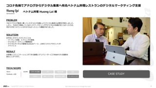 PROBLEM
SOLUTION
RESULT
お⼿伝いさせていただいたことは、
・マーケット調査、ヒアリングの実施、
・デジタルマーケティング戦略策定
・デジタルチャネルの整備(facebookページ、LINEビジネスアカウント)や
アドバイス
お客様とコミュニケーションができる基盤とデリバリーサービスを始められる基盤を
創ることができた。
TECH/SCOPE
TECH:
Facebook, LINE
PM 要件定義 設計
UI/UI 開発・テスト マーケティング
リサーチ/企画
DevOps・運⽤
SCOPE:
今までアナログ集客に頼っていたがコロナ危機によりデジタル集客の必要性が発⽣しました。
しかし、今ままで実施していなかったマーケティングやデジタルの知識が全くなかったため、
何から⼿をつけていいかわからなかったという課題がありました。
コロナ危機でアナログからデジタル集客へ有名ベトナム料理レストランのデジタルマーケティング⽀援
ベトナム料理 Huong Lai 様
Copyright ©2021 LLLAsia, Inc. All Rights Reserved. We make products to change the world 29
CASE STUDY
 