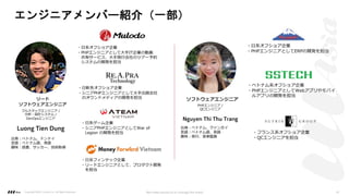 エンジニアメンバー紹介（一部）
・⽇系オフショア企業
・PHPエンジニアとして⼤⼿IT企業の動画
共有サービス、⼤⼿旅⾏会社のツアー予約
システムの開発を担当
フルスタックエンジニア /
分析・設計システム /
DevOpsエンジニア
Luong Tien Dung
出⾝︓ベトナム、ドンナイ
⾔語︓ベトナム語、英語
趣味︓読書、サッカー、技術取得
・⽇新系オフショア企業
・シニアPHPエンジニアとして⼤⼿出版会社
のオウンドメディアの開発を担当
・⽇系ゲーム企業
・シニアPHPエンジニアとしてWar of
Legion の開発を担当
リード
ソフトウェアエンジニア
・⽇系フィンテック企業
・リードエンジニアとして、プロダクト開発
を担当
・⽇系オフショア企業
・PHPエンジニアとしてERPの開発を担当
PHPエンジニア /
QCエンジニア
Nguyen Thi Thu Trang
出⾝︓ベトナム、クァンガイ
⾔語︓ベトナム語、英語
趣味︓旅⾏、⾳楽鑑賞
・ベトナム系オフショア企業
・PHPエンジニアとしてWebアプリやモバイ
ルアプリの開発を担当
・フランス系オフショア企業
・QCエンジニアを担当
ソフトウェアエンジニア
Copyright ©2021 LLLAsia, Inc. All Rights Reserved. We make products to change the world 41
 