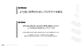 Copyright ©2021 LLLAsia, Inc. All Rights Reserved. We make products to change the world 5
より良い世界のためにプロダクトを創る
Our Mission
Our Vision
アントレプレナーシップとテクノロジーの⼒で
⼈々の⽣活と社会をエンパワーする
21世紀から激変する世界で企業や⼈を取り巻く社会に次々と新しい課題が⽣まれています。
LLL ASIAは、アントレプレナーシップを持ち、テクノロジーを駆使し、
事業ドメインを問わず次世代に残したいソフトウェアプロダクトを創り続ける会社です。
 