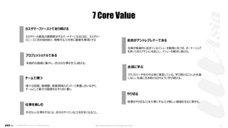 7 Core Value
Copyright ©2021 LLLAsia, Inc. All Rights Reserved. We make products to change the world 6
全員がアントレプレナーである
全員が普遍的に起きているイシューを敏感に気づき、オーナーシップ
を持って⾃らアクションを起こし、イシューを解決し続ける。
やり切る
物事をやり切ることを⼤事にすることが新しい価値を⽣むに繋がる。
永遠に学ぶ
テクノロジーや世の中は常に激変している。学び続けることしか先進
しない。永遠に⽣き続けるかのように学び続ける。
仕事を楽しむ
すばらしい仕事をするには、⾃分のやっていることを好きになること。
チームで勝つ
様々な国籍、価値観、得意領域のメンバーと尊重し合いながら、
チームとして最⼤の価値を出すために働く。
プロフェッショナルである
本質的な価値に集中し、⾃分の仕事を全うし続ける。
カスタマーファーストであり続ける
カスタマーの最⾼の課題解決するパートナーになるために、カスタマー
のニーズに⽿を傾き続け、理解することを常に最優先事項とする
 