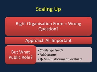 Scaling Up
Right Organisation Form = Wrong
Question?
Approach All Important
• Challenge Funds
• NGO grants
•  M & E: docu...