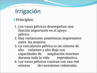 Irrigación
⚫Principios:
1. Los vasos pélvicos desempeñan una
función importante en el apoyo
pélvico .
2. Hay variaciones anatómicas importantes
entre las mujeres.
3. La vasculatura pélvica es un sistema de
alto volumen y alto flujo con
capacidades de ampliación enormes
durante toda la vida reproductiva.
4. Los vasos pélvicos cuentan con una red
extensa de conexiones colaterales.
 