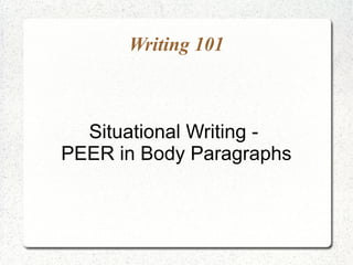 Writing 101



  Situational Writing -
PEER in Body Paragraphs
 
