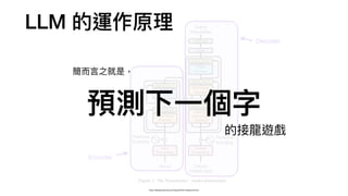 https://sebastianraschka.com/blog/2023/llm-reading-list.html
LLM 的運作原理
簡⽽⾔之就是，
的接龍遊戲
預測下⼀個字
 