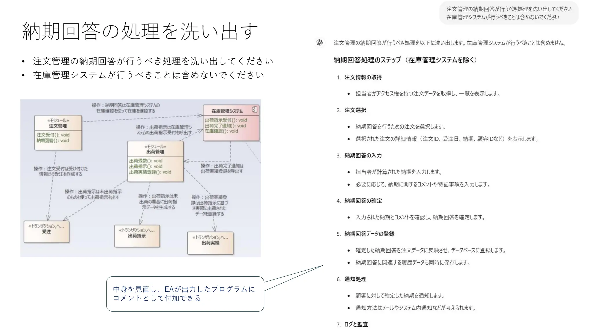 納期回答の処理を洗い出す
• 注文管理の納期回答が行うべき処理を洗い出してください
• 在庫管理システムが行うべきことは含めないでください
中身を見直し、EAが出力したプログラムに
コメントとして付加できる
 