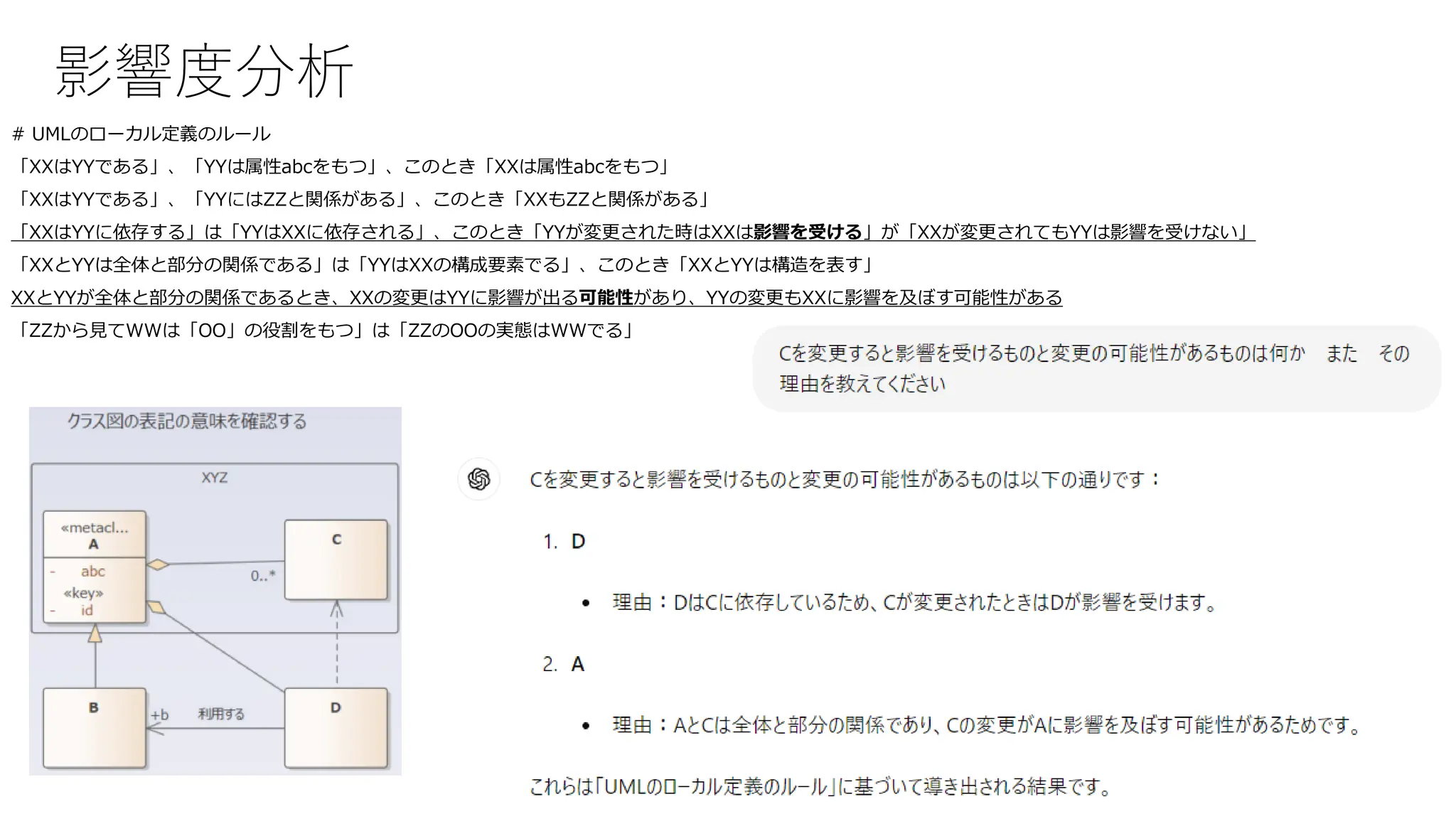 影響度分析
# UMLのローカル定義のルール
「XXはYYである」、「YYは属性abcをもつ」、このとき「XXは属性abcをもつ」
「XXはYYである」、「YYにはZZと関係がある」、このとき「XXもZZと関係がある」
「XXはYYに依存する」は「YYはXXに依存される」、このとき「YYが変更された時はXXは影響を受ける」が「XXが変更されてもYYは影響を受けない」
「XXとYYは全体と部分の関係である」は「YYはXXの構成要素でる」、このとき「XXとYYは構造を表す」
XXとYYが全体と部分の関係であるとき、XXの変更はYYに影響が出る可能性があり、YYの変更もXXに影響を及ぼす可能性がある
「ZZから見てWWは「OO」の役割をもつ」は「ZZのOOの実態はWWでる」
 