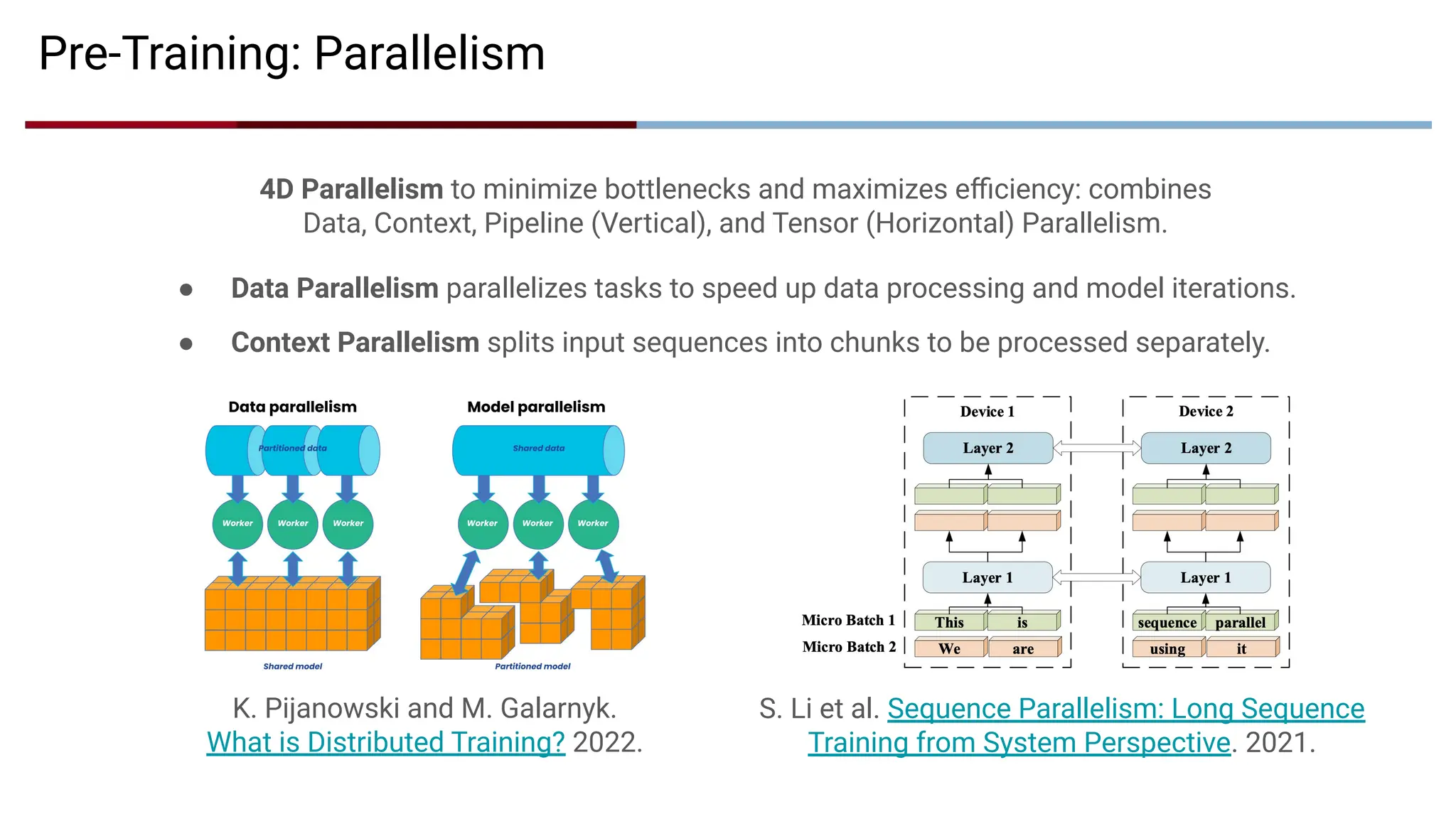 Pre-Training: Parallelism
K. Pijanowski and M. Galarnyk.
What is Distributed Training? 2022.
S. Li et al. Sequence Parallelism: Long Sequence
Training from System Perspective. 2021.
● Data Parallelism parallelizes tasks to speed up data processing and model iterations.
● Context Parallelism splits input sequences into chunks to be processed separately.
4D Parallelism to minimize bottlenecks and maximizes eﬃciency: combines
Data, Context, Pipeline (Vertical), and Tensor (Horizontal) Parallelism.
 