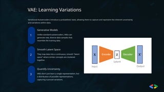 VAE: Learning Variations
Variational Autoencoders introduce a probabilistic twist, allowing them to capture and represent the inherent uncertainty
and variations within data.
1
Generative Models
Unlike standard autoencoders, VAEs can
generate new, diverse data samples that
resemble the training data.
2
Smooth Latent Space
They map data into a continuous, smooth "latent
space" where similar concepts are clustered
together.
3
Quantify Uncertainty
VAEs don't just learn a single representation, but
a distribution of possible representations,
capturing nuanced variations.
 
