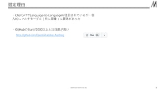 ??MATSUO INSTITUTE, INC.
x
4
?ChatGPTLanguage-to-LanguageעĿƤ뤬
˵Ĥ˥ޥ`루ؤ˻񣩤dζä
?GitHubStar2000ϤעĿȤߤ
https://github.com/OpenGVLab/Ask-Anything
 