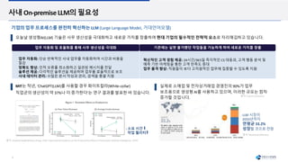 4
사내 On-premise LLM의 필요성
기업의 업무 프로세스를 완전히 혁신하는 LLM (Large Language Model, 거대언어모델)
업무 자동화 및 효율화를 통해 사무 생산성을 극대화 기존에는 실현 불가했던 작업들을 가능하게 하여 새로운 가치를 창출
오늘날 생성형AI(LLM) 기술은 사무 생산성을 극대화하고 새로운 가치를 창출하며 현대 기업의 필수적인 전략적 요소로 자리매김하고 있습니다.
MIT는 작년, ‘ChatGPT(LLM)를 사용할 경우 화이트칼라(White-collar)
직업군의 생산성이 약 37%나 더 증가한다’는 연구 결과를 발표한 바 있습니다.
출처: Shakked Noy&Whitney Zhang, 2023, Experimental Evidence on the Productivity Effects ofGenerative Artificial Intelligence, [MIT]
: 소요 시간
작업 퀄리티
실제로 소매업 및 전자상거래업 경영진의 90%가 업무
보조용으로 생성형 AI를 사용하고 있으며, 이러한 규모는 점차
증가할 것입니다.
출처: FutureCommerce
: LLM 시장이
2030년까지
연평균 33.2%
성장할 것으로 전망
출처: MarketsandMarkets
업무 자동화: 단순 반복적인 사내 업무를 자동화하여 시간과 비용을
절감
정확도 향상: 인적 오류를 최소화하고 일관된 메시지를 전달
솔루션 제공: 다각적인 솔루션을 제공하며 업무를 효율적으로 보조
사내 데이터 관리: 수많은 문서 작성과 관리, 검색을 총괄 지원
혁신적인 고객 경험 제공: 24시간/365일 즉각적인 CS 대응과, 고객 행동 분석 및
예측 기반 마케팅을 통한 고객 만족도 증대
업무 품격 향상: 직원들이 보다 고차원적인 업무에 집중할 수 있도록 지원
 