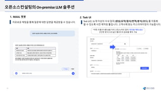 15
오픈소스컨설팅의On-premiseLLM 솔루션
자유로운 채팅을 통해 질문에 대한 답변을 제공받을 수 있습니다.
2. Task UI
Task UI는 31개 이상의 사내 업무 (생성/요약/첨삭/번역/분석/코드) 를 자동화
할 수 있도록 사전 제작된 툴입니다. 고객사에 맞는 커스터마이징이 가능합니다.
*어떤 프롬프트를 넣을 지의 고민/노하우 없이 ‘빈칸을 채워 넣는’
간단한 방식으로 높은 퀄리티의 결과물 획득 가능
1. MAAL 챗봇
 